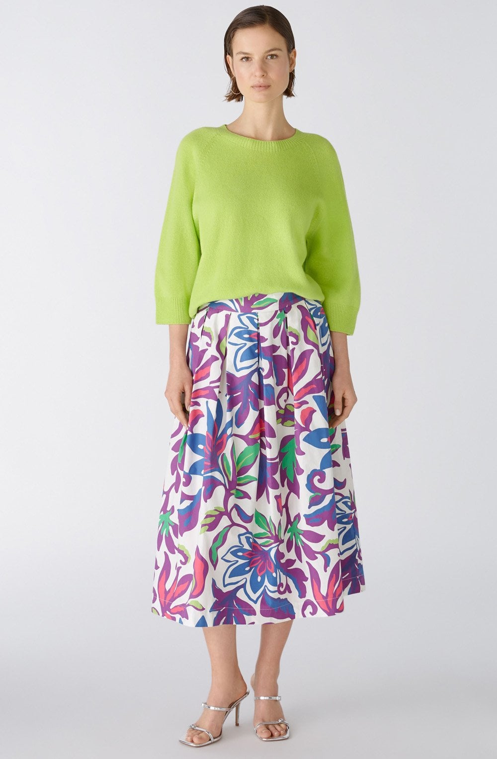 White Violet Floral Cotton Midi Skirt