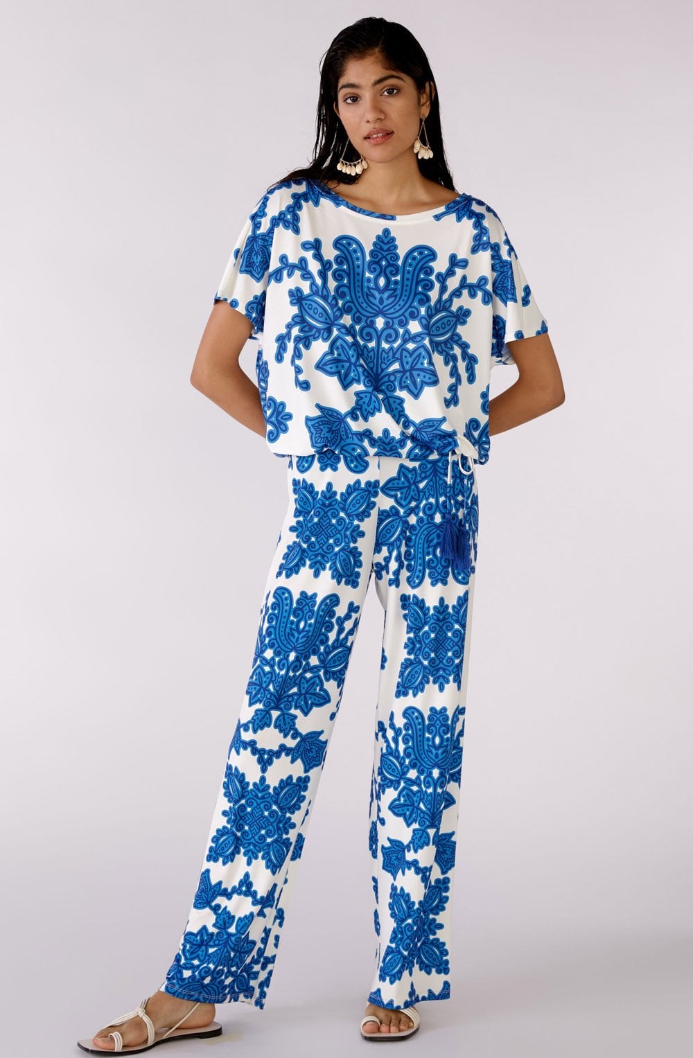 Wide Leg White and Blue Bold Print Trousers