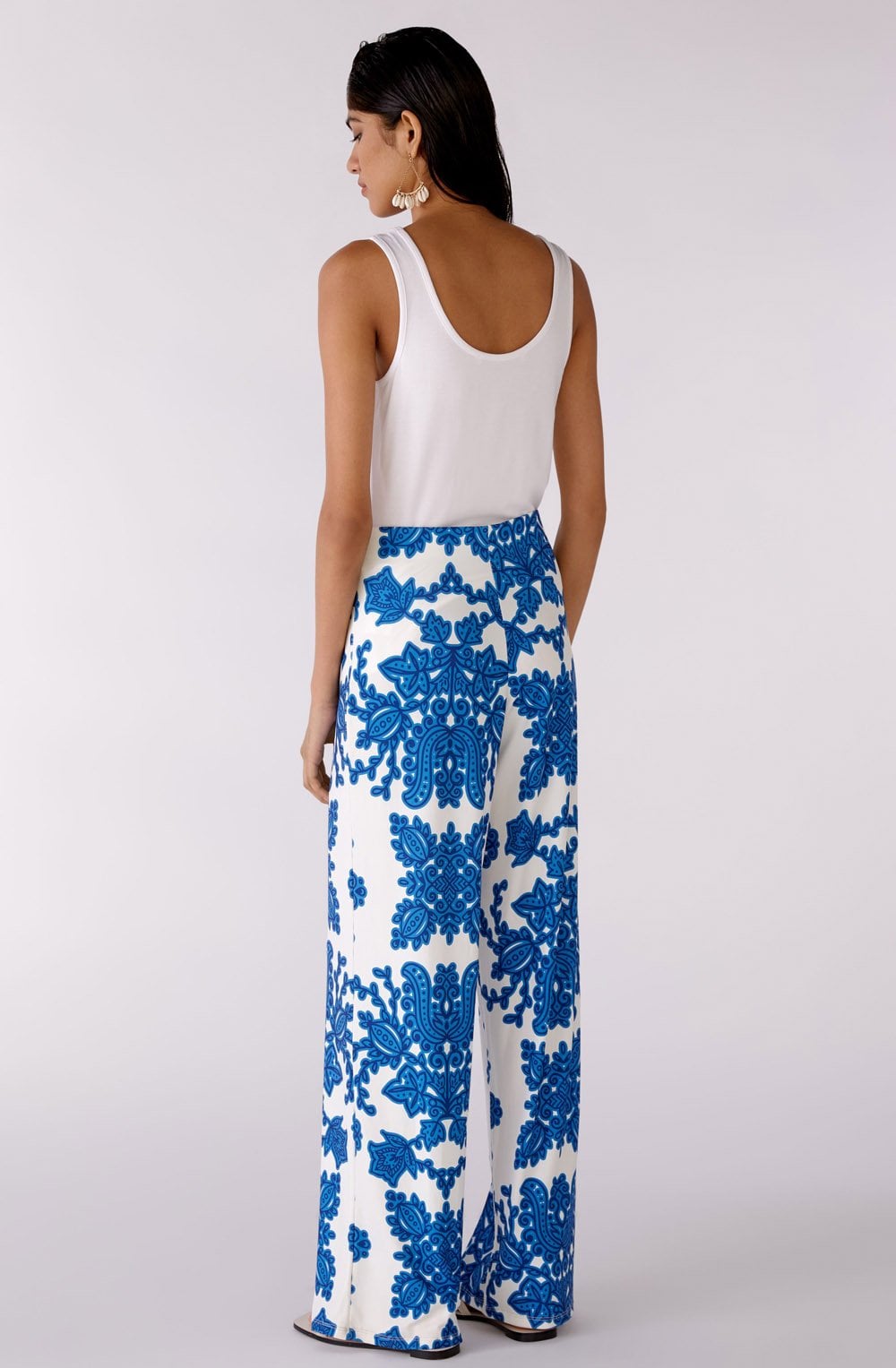 Wide Leg White and Blue Bold Print Trousers