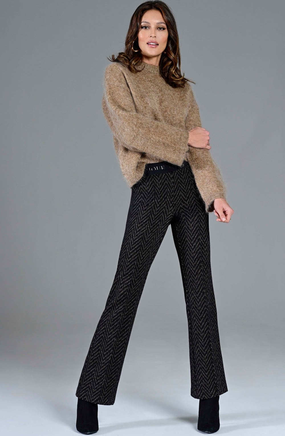 Joella Dark Brown Herringbone Kickflare Trousers