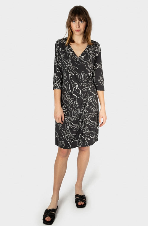 Almost Black Abstract Print Wrap Dress