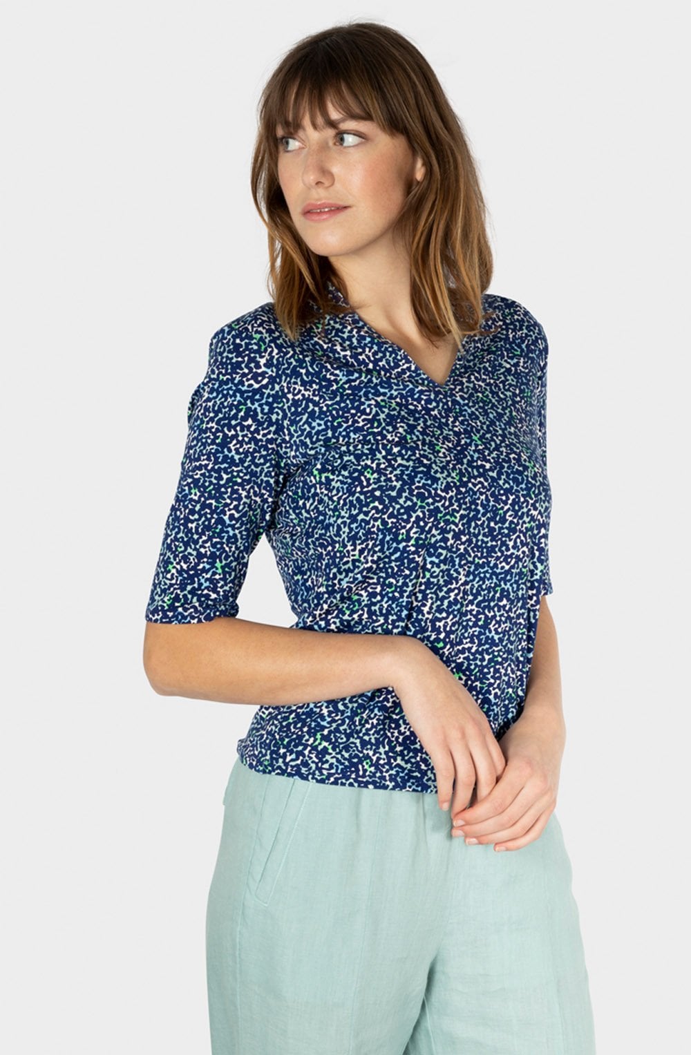 Bell Blue Intricate Print V Neck Top