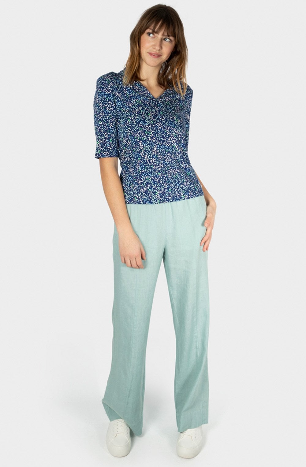 Bell Blue Intricate Print V Neck Top