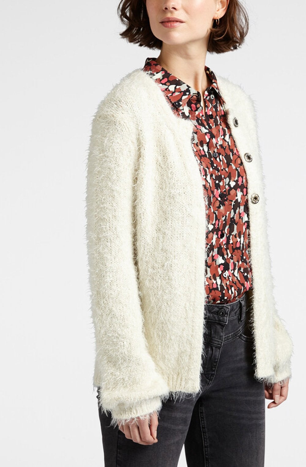 Cream Fluffy Three Button Cardigan