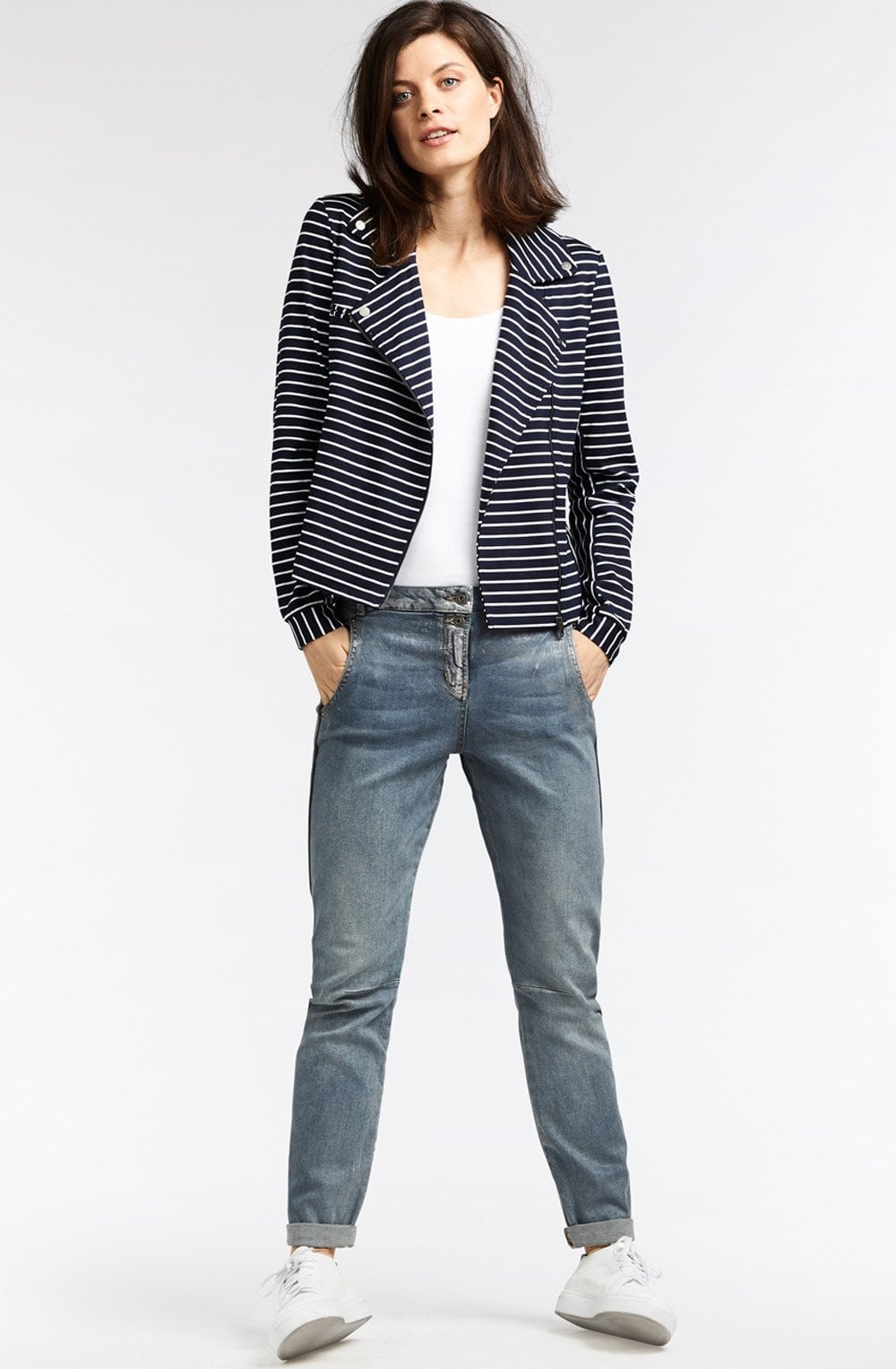 Dark Sapphire Striped Jersey Biker Jacket