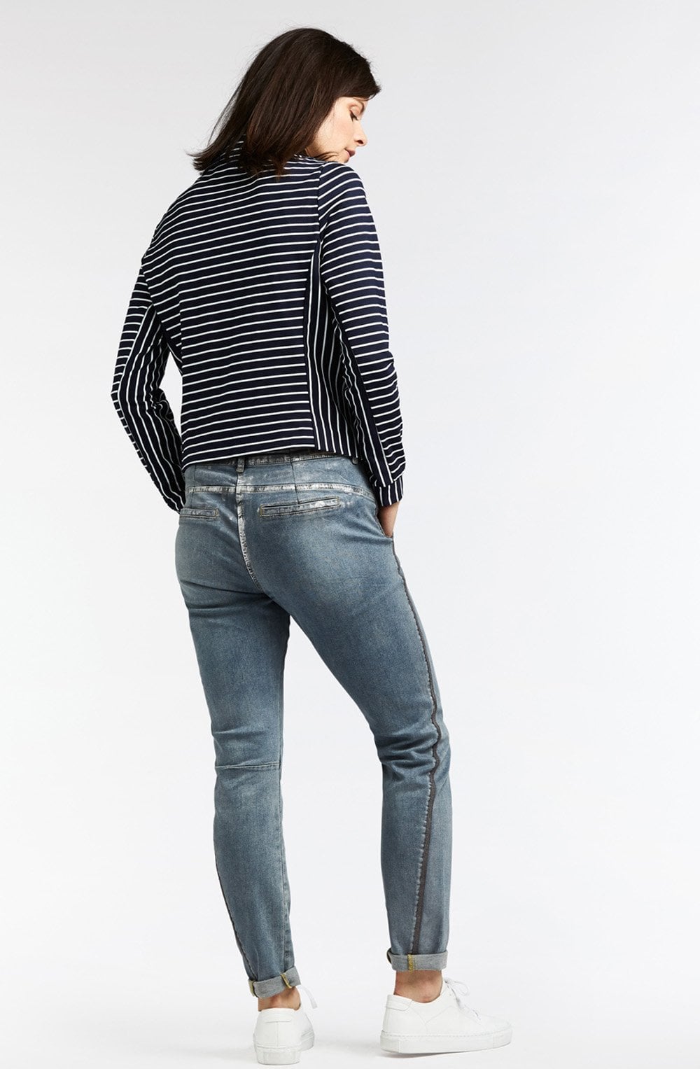 Dark Sapphire Striped Jersey Biker Jacket