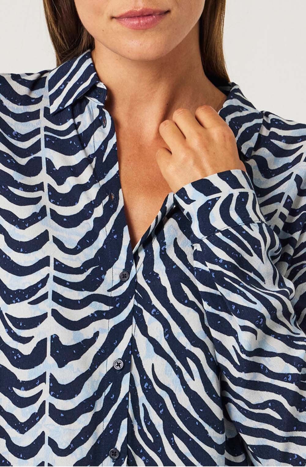 Evening Blue Zebra Print Button up Blouse