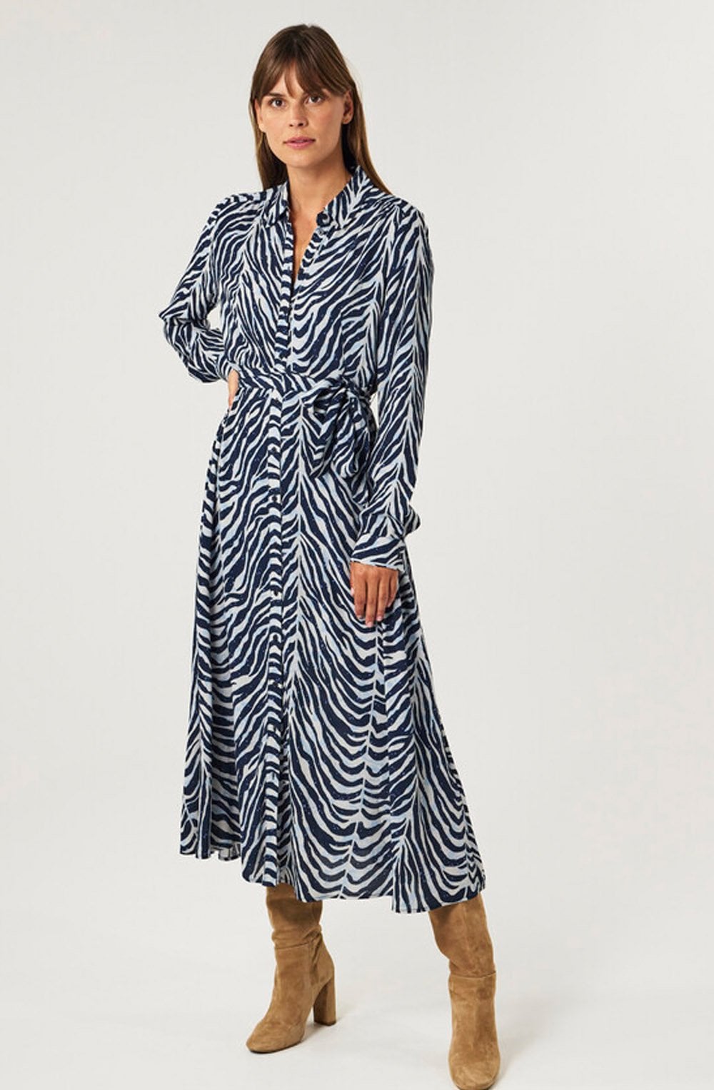 Evening Blue Zebra Print Button up Dress