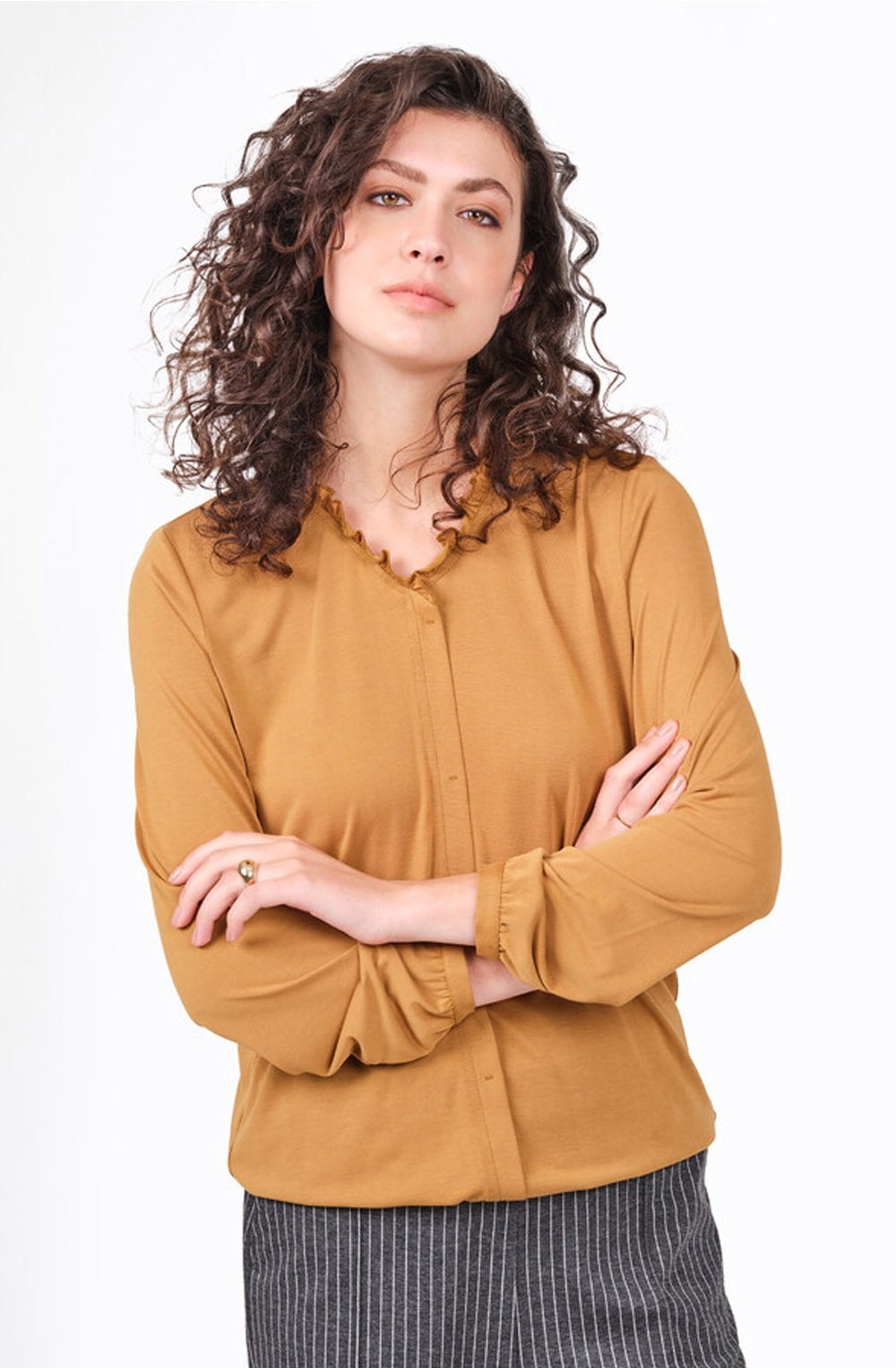 Frill Neck Mock Button Up Blouse