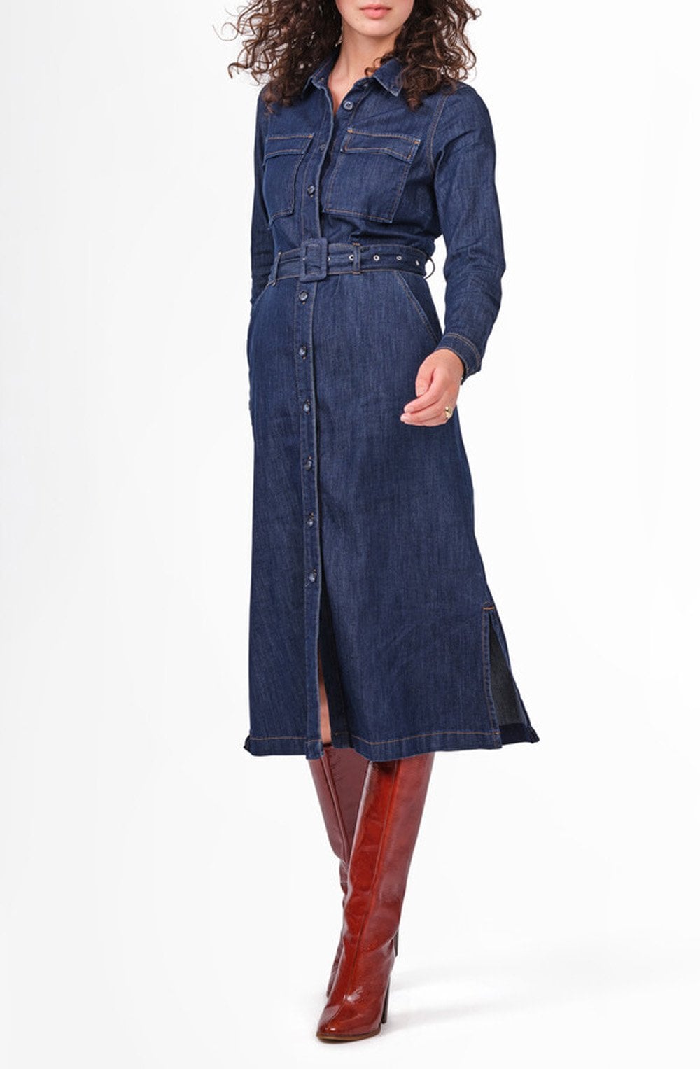 Long Sleeve Belted Denim Dress – Shirt Sleeves