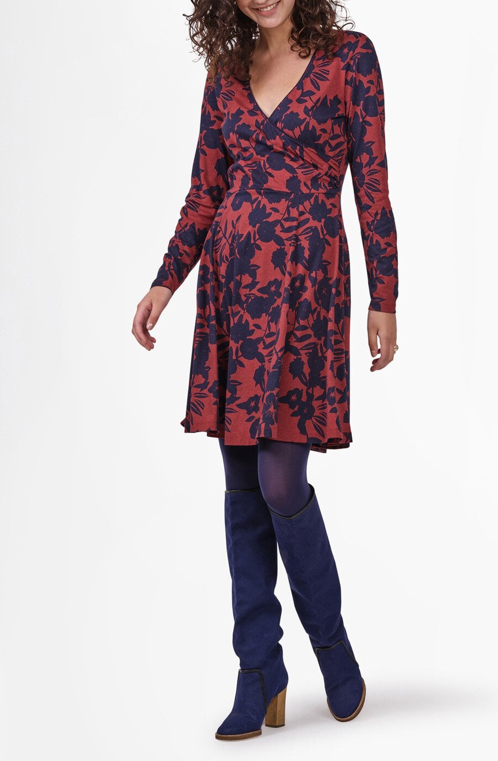 Red & Navy Floral Print Dress