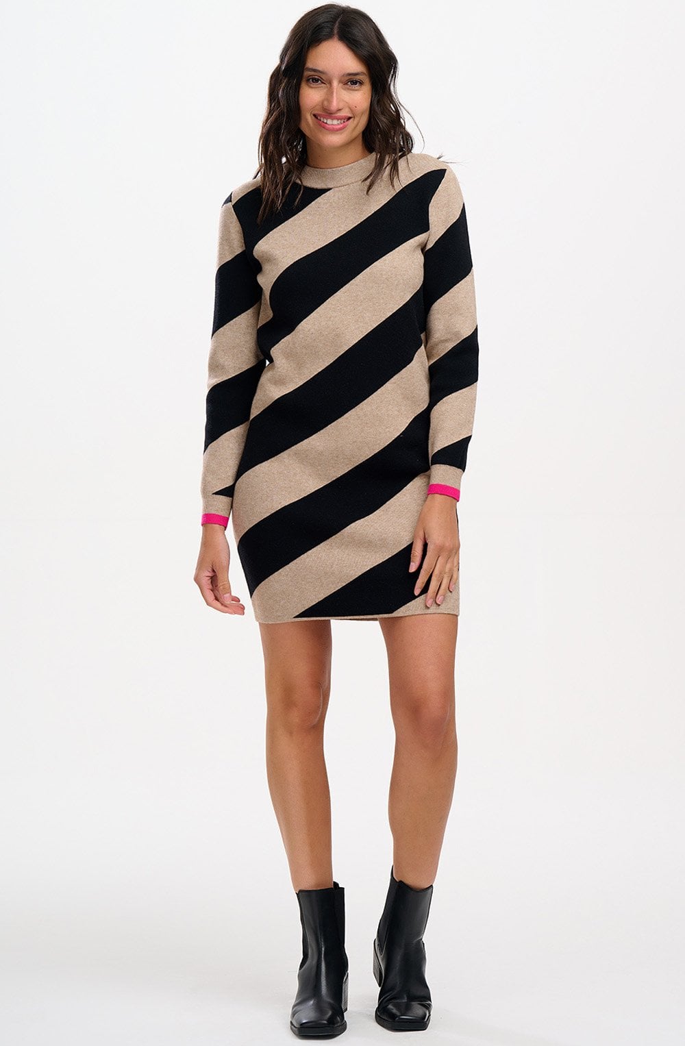 Beige and Black Diagonal Stripe Verity Knit Dress