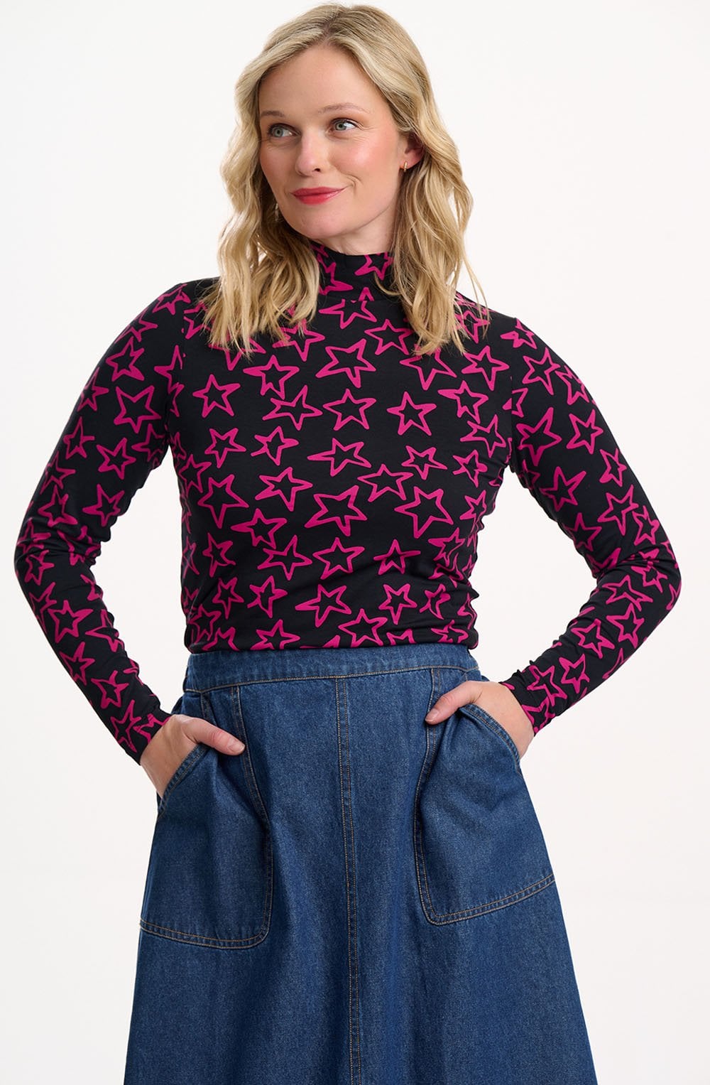 Black and Pink Doodle Star Annika Jersey Top