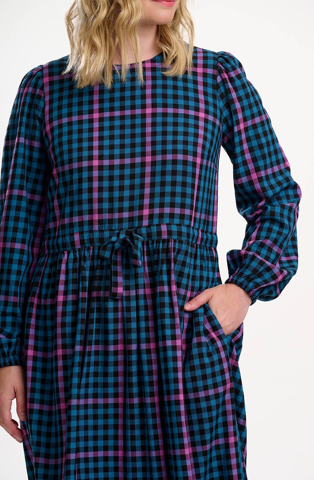 Black and Teal Twilight Gingham Yasmin Smock Dress