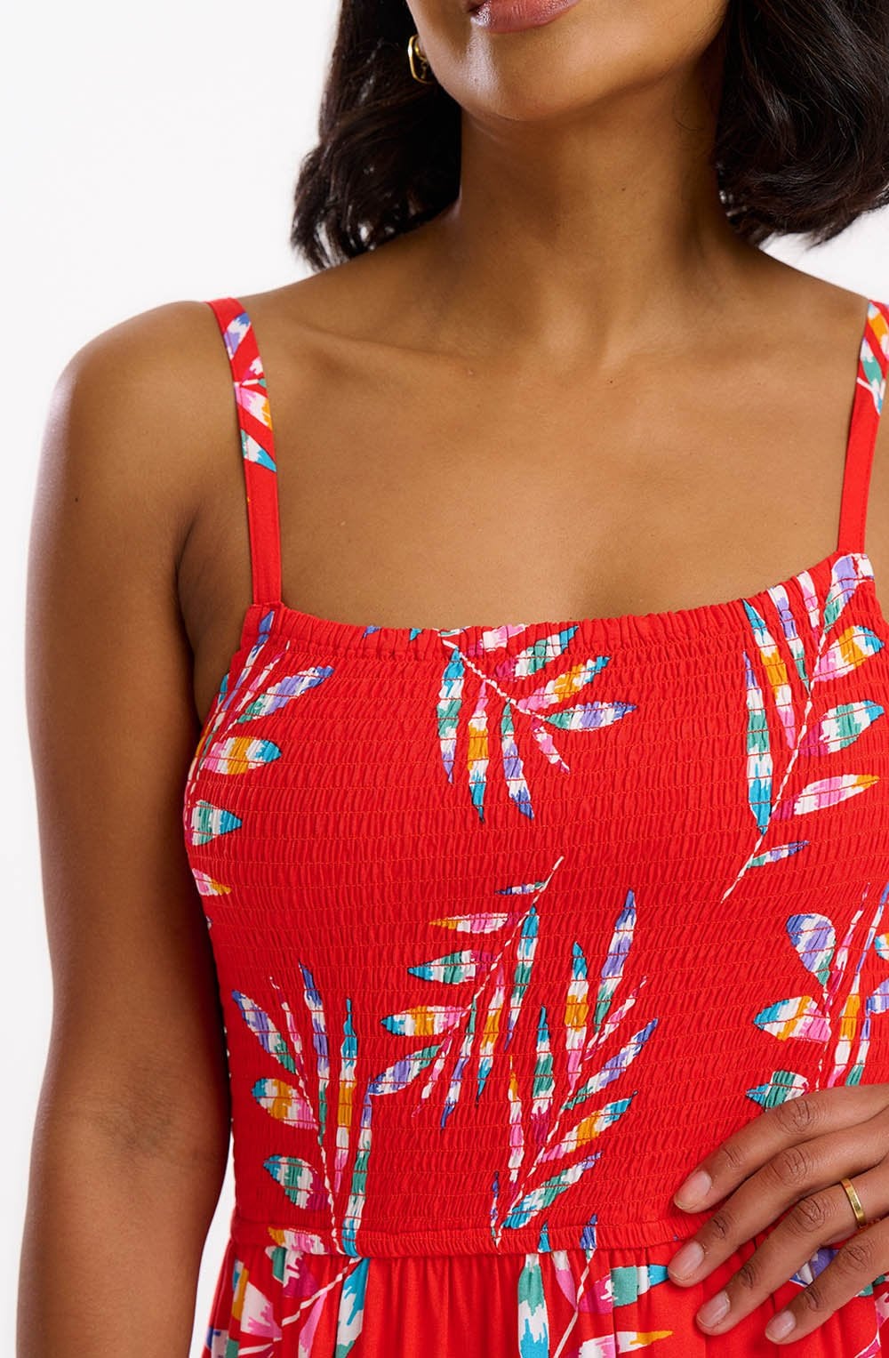 Christabel Red Rainbow Shirred Midi Dress
