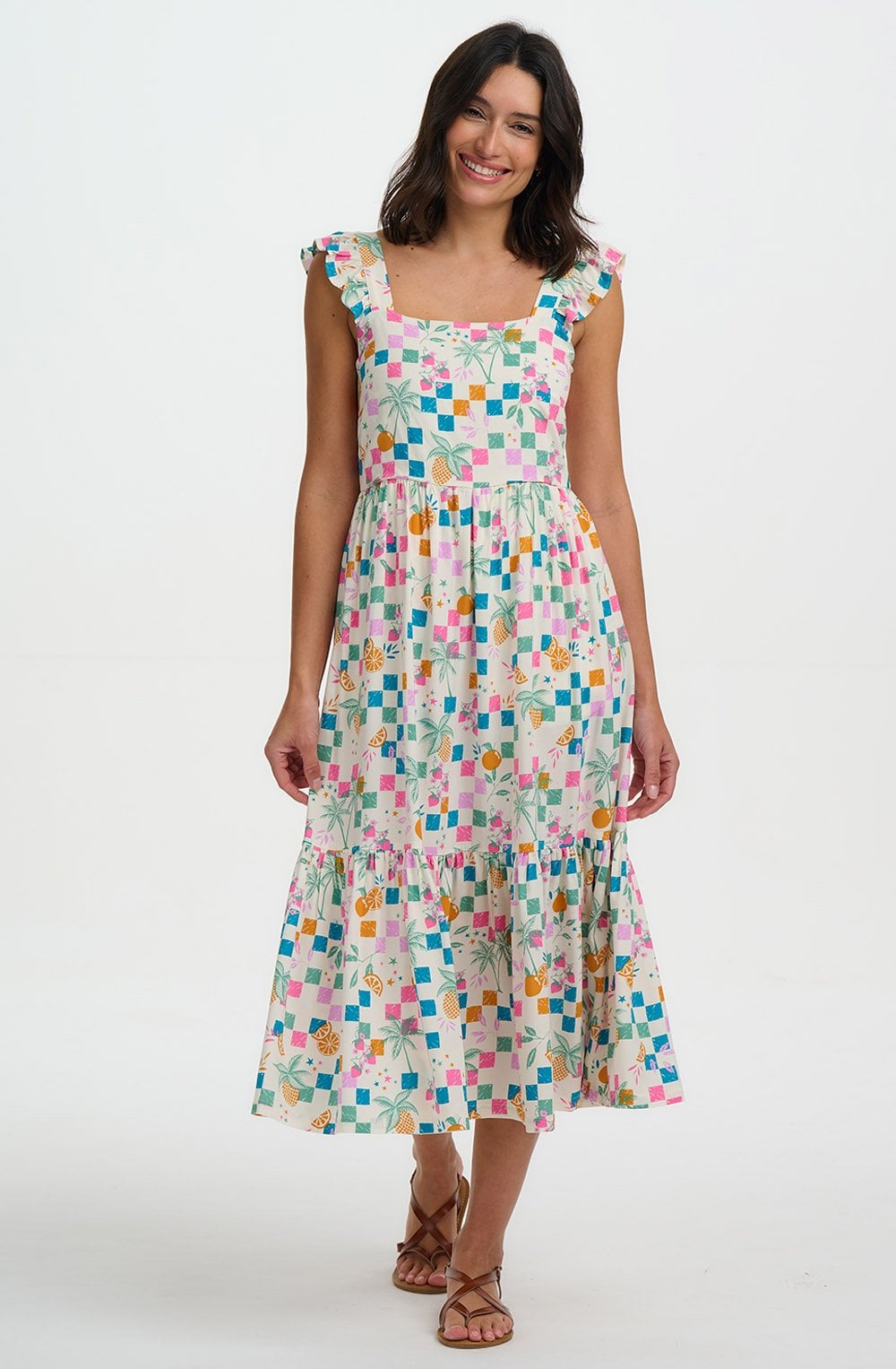 Estelle Ruffle Sleeve Fruit Checkerboard Sundress