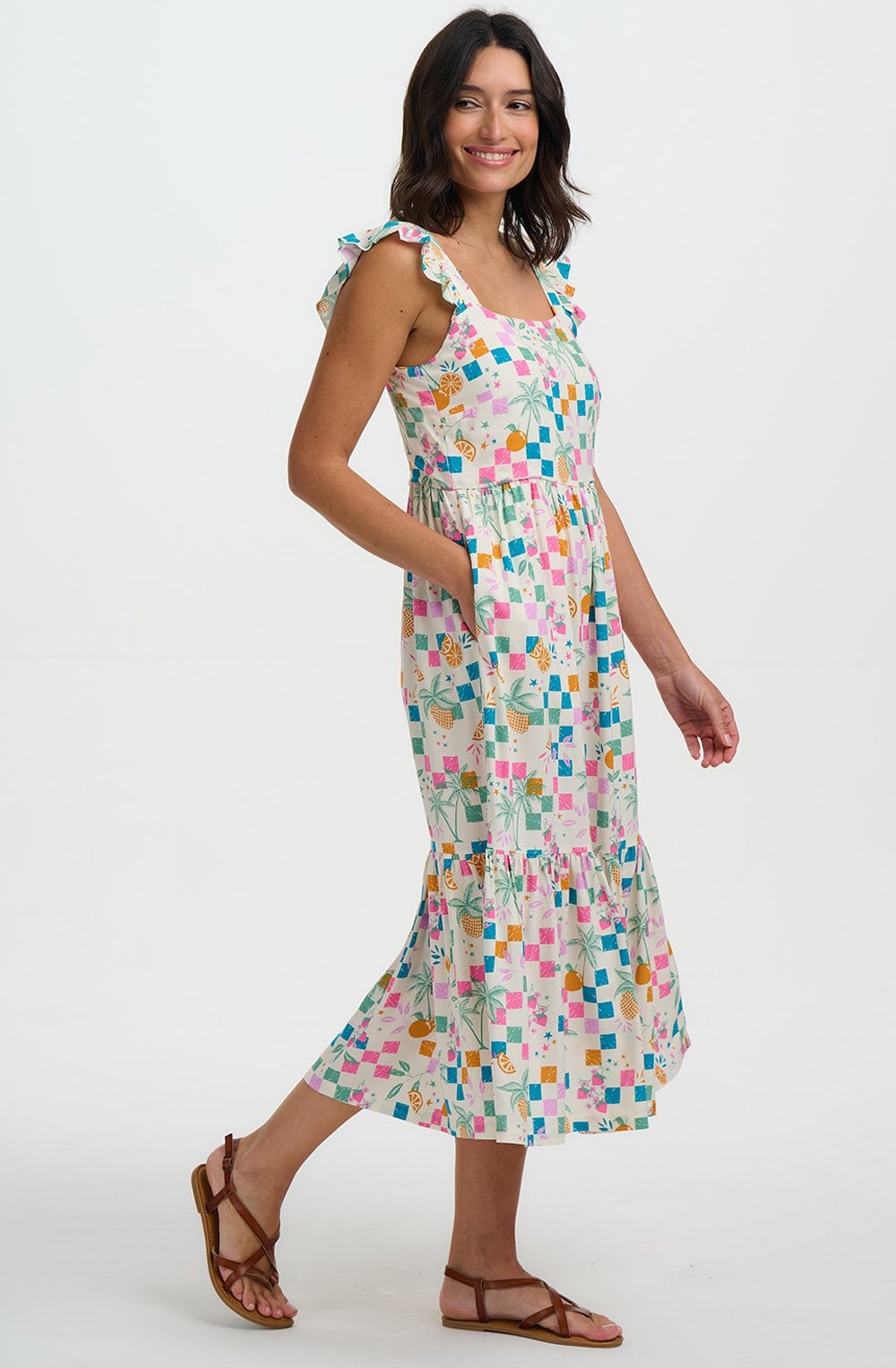 Estelle Ruffle Sleeve Fruit Checkerboard Sundress