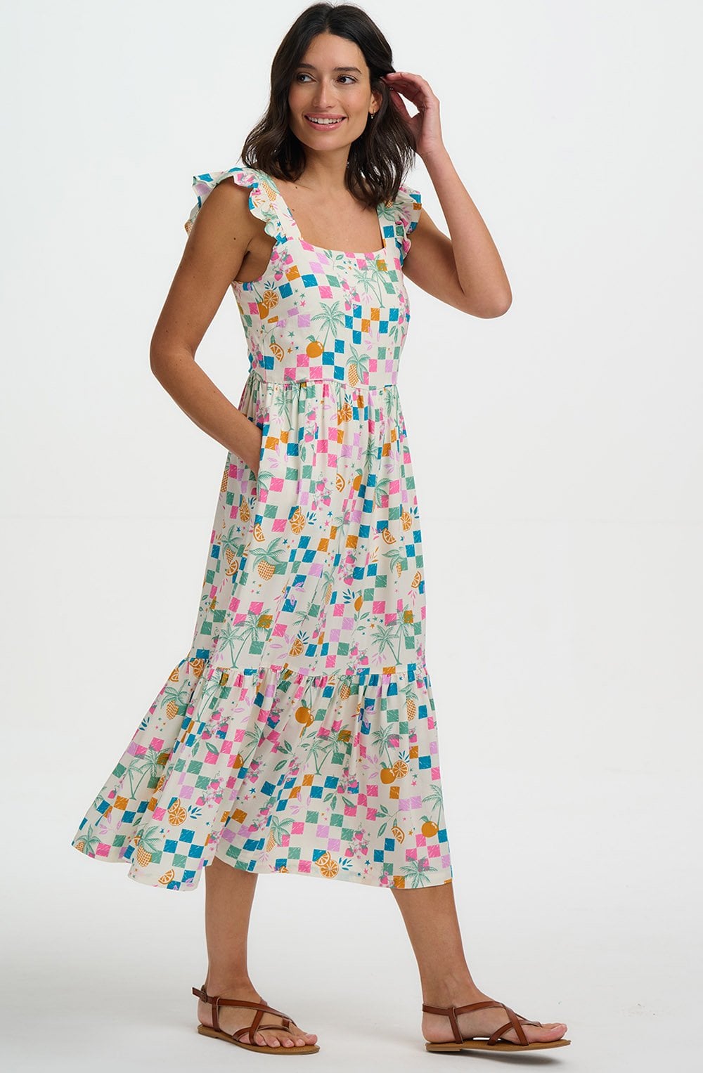 Estelle Ruffle Sleeve Fruit Checkerboard Sundress