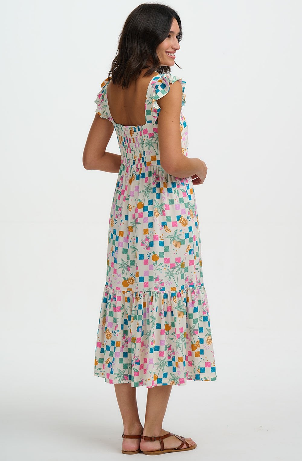 Estelle Ruffle Sleeve Fruit Checkerboard Sundress