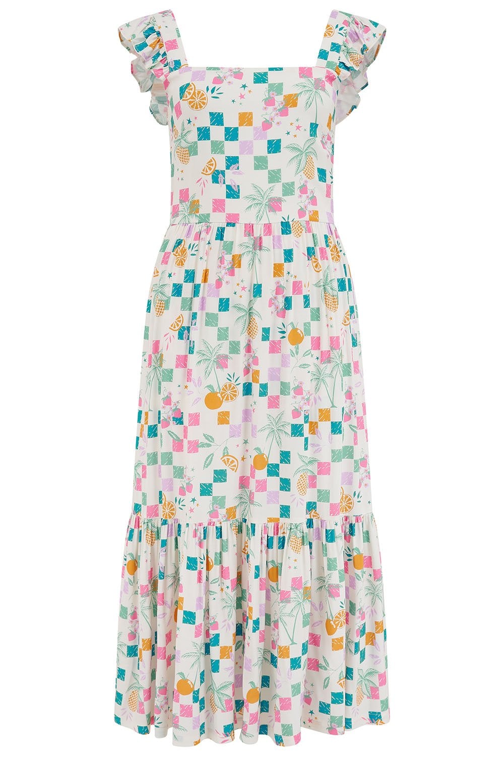 Estelle Ruffle Sleeve Fruit Checkerboard Sundress