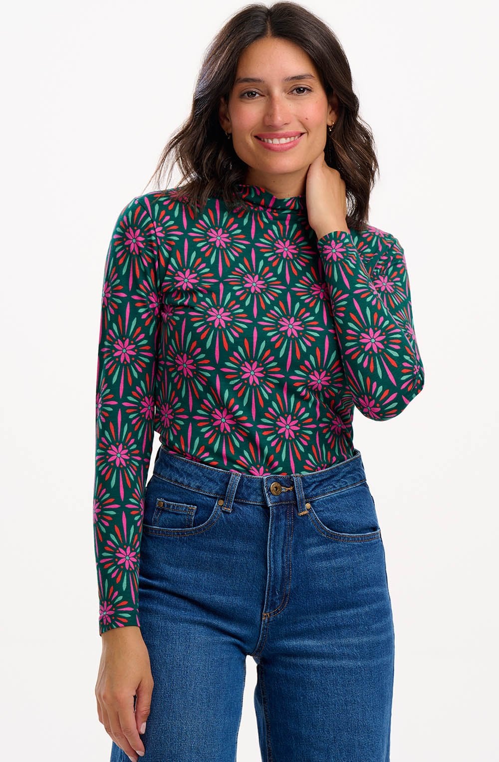 Green and Pink Flower Explosion Annika Jersey Top