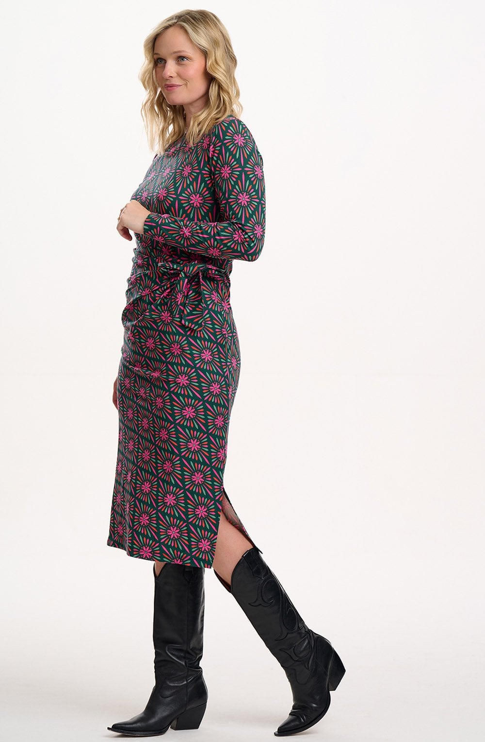Green Flower Explosion Jersey Claudia Midi Dress