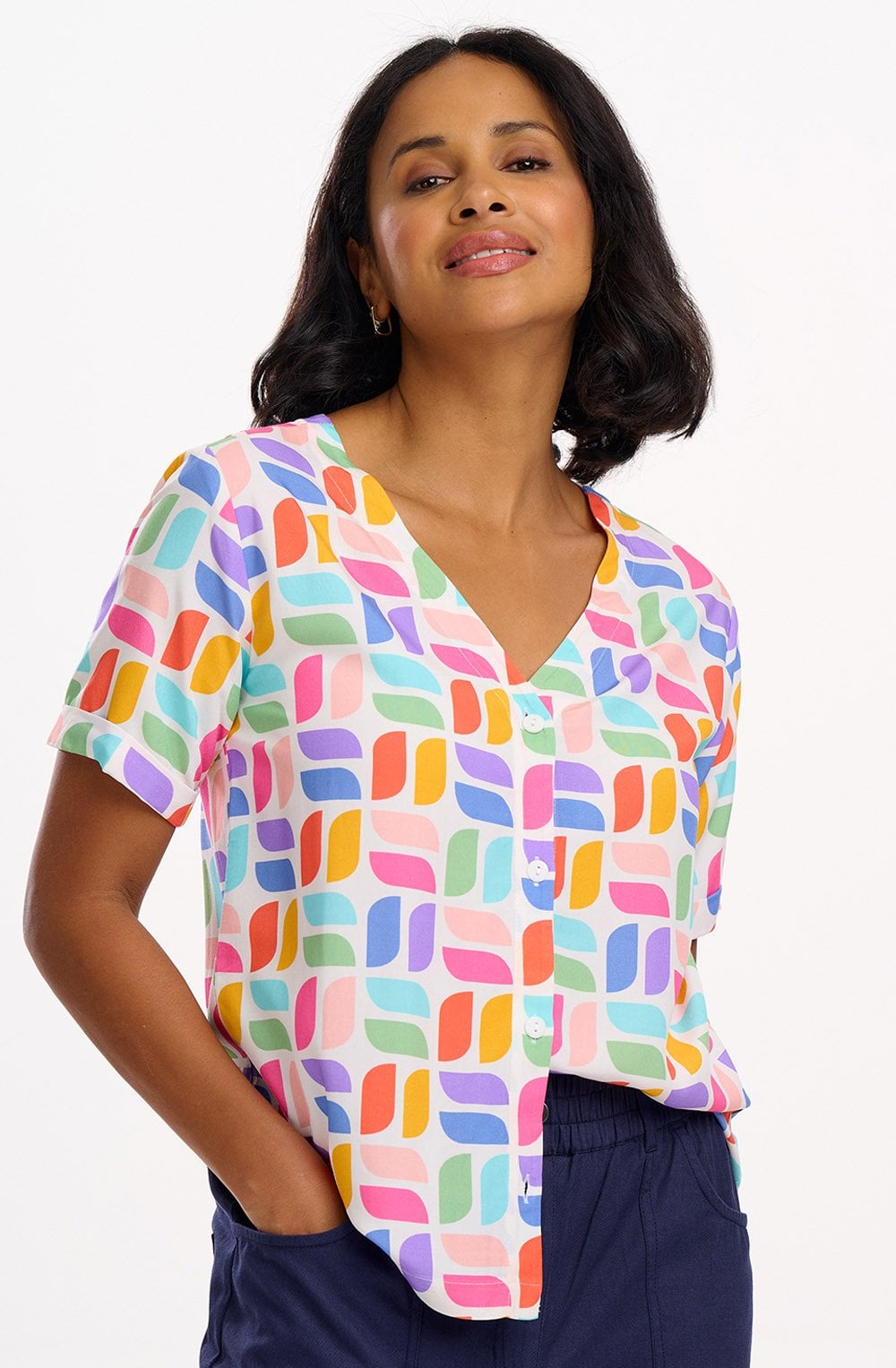 Hatty Off White Multicoloured Geometric Blouse