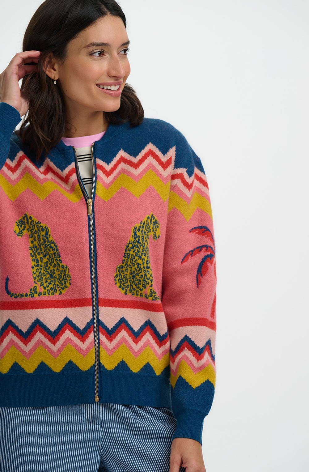 Leopard and Palm Tree Solana Knitted Bomber