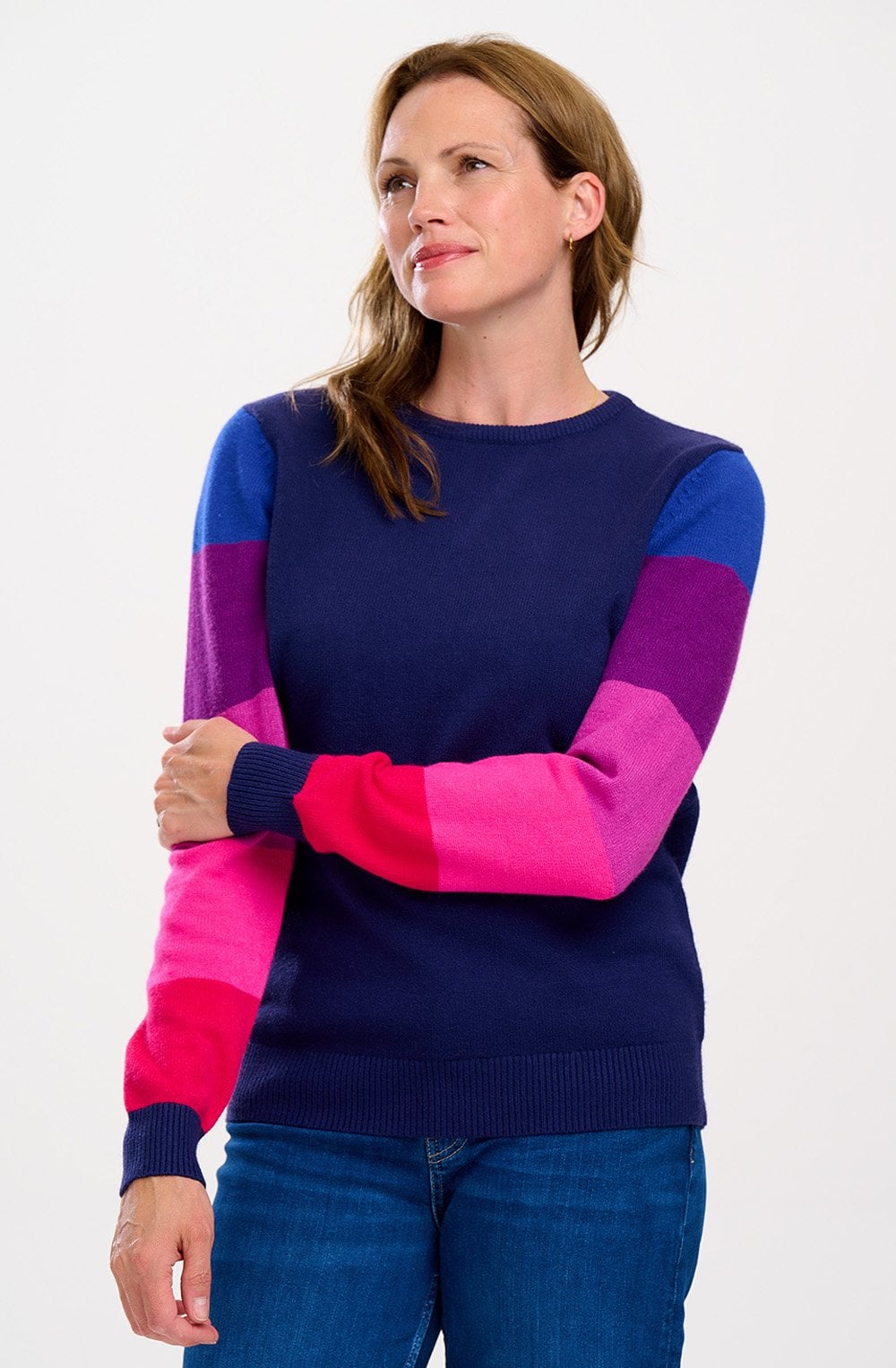 Navy and Pink Colour Block Sleeve Stacey Jumper