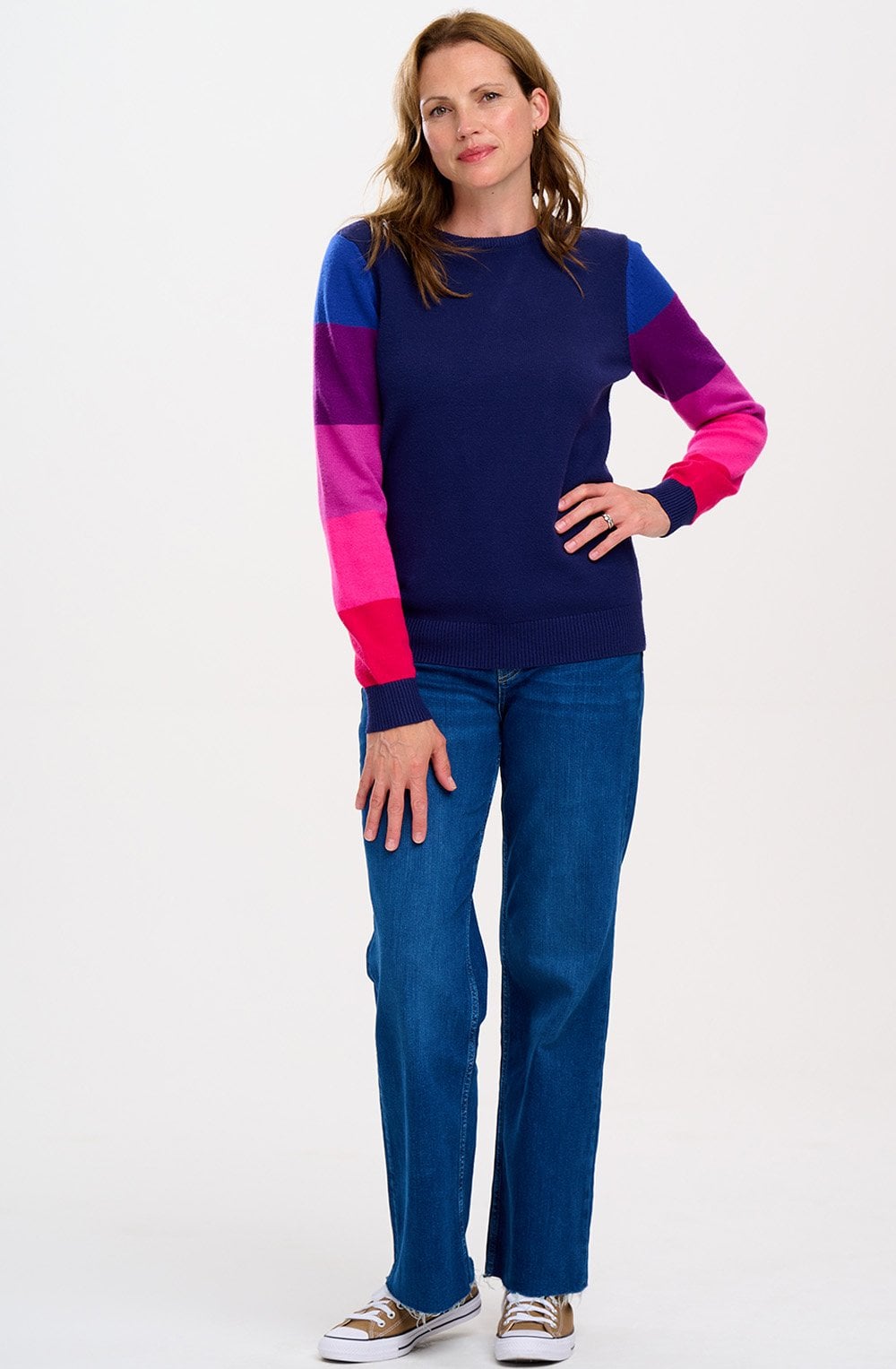 Navy and Pink Colour Block Sleeve Stacey Jumper