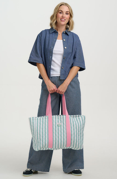 Off White and Green Quilted Haven Tote Bag