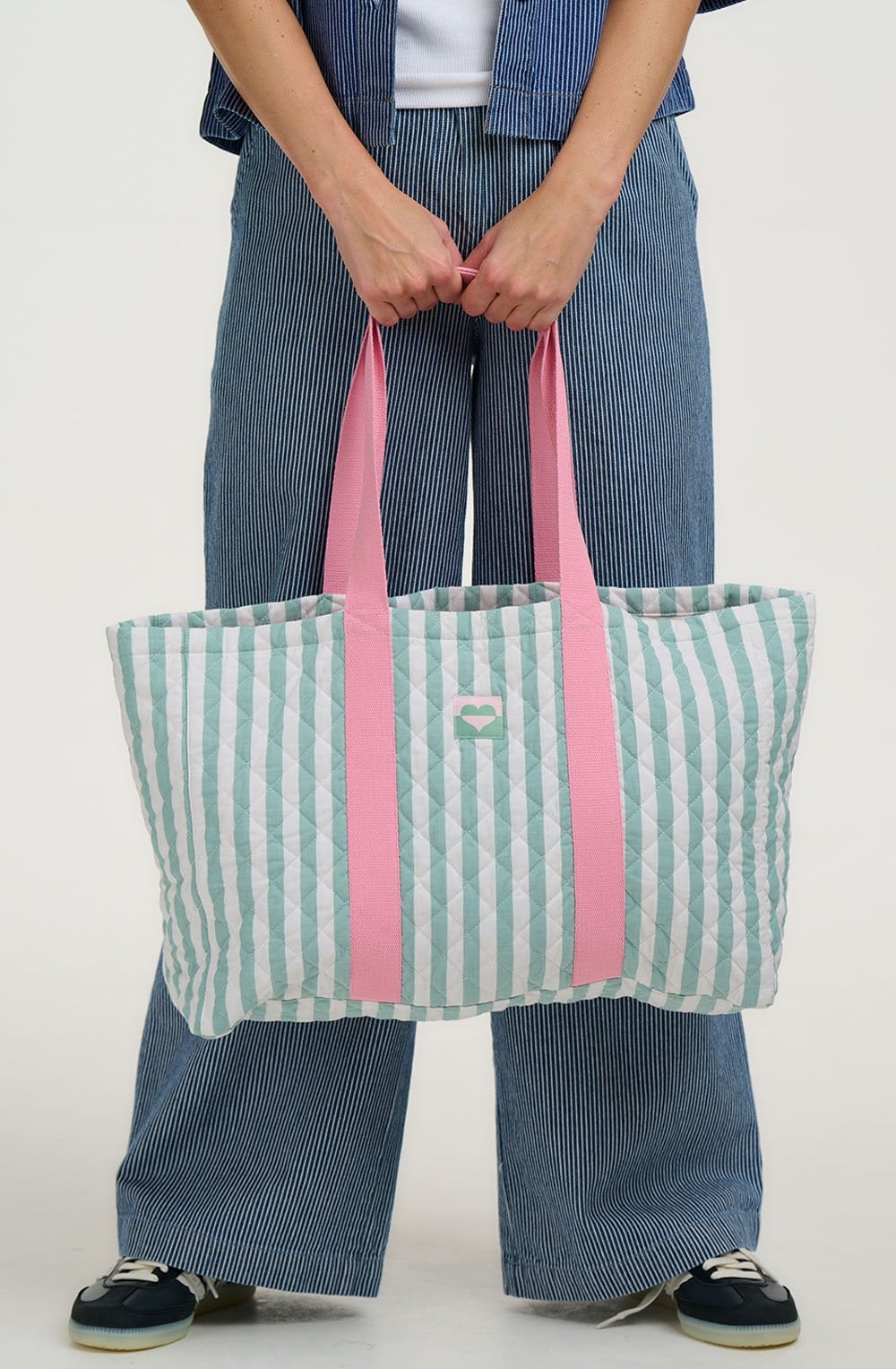 Off White and Green Quilted Haven Tote Bag