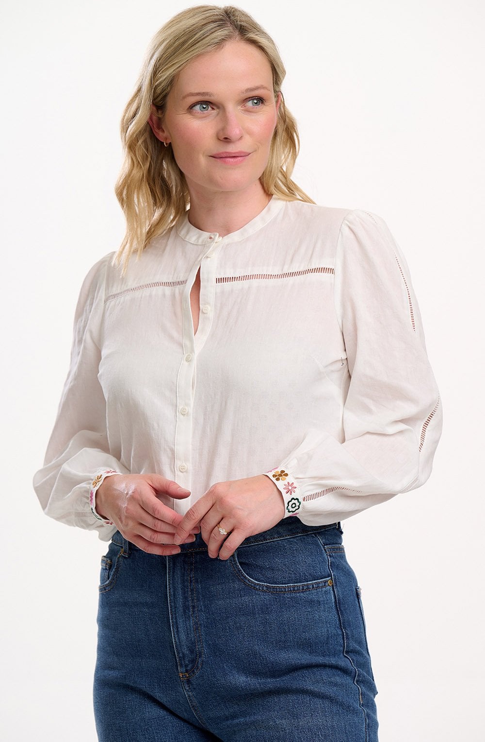 Off White Embroidered Cuff Regina Blouse
