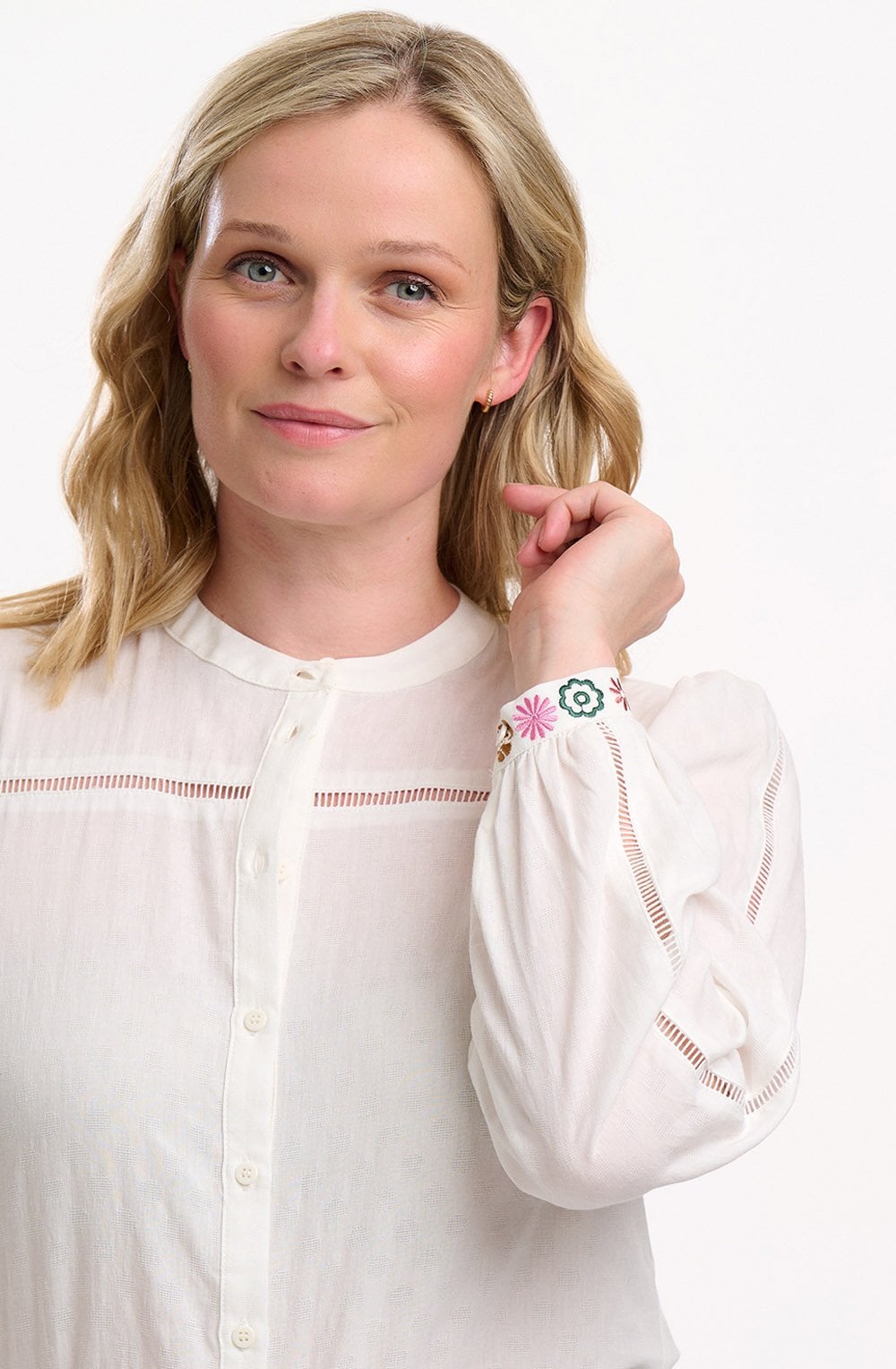 Off White Embroidered Cuff Regina Blouse