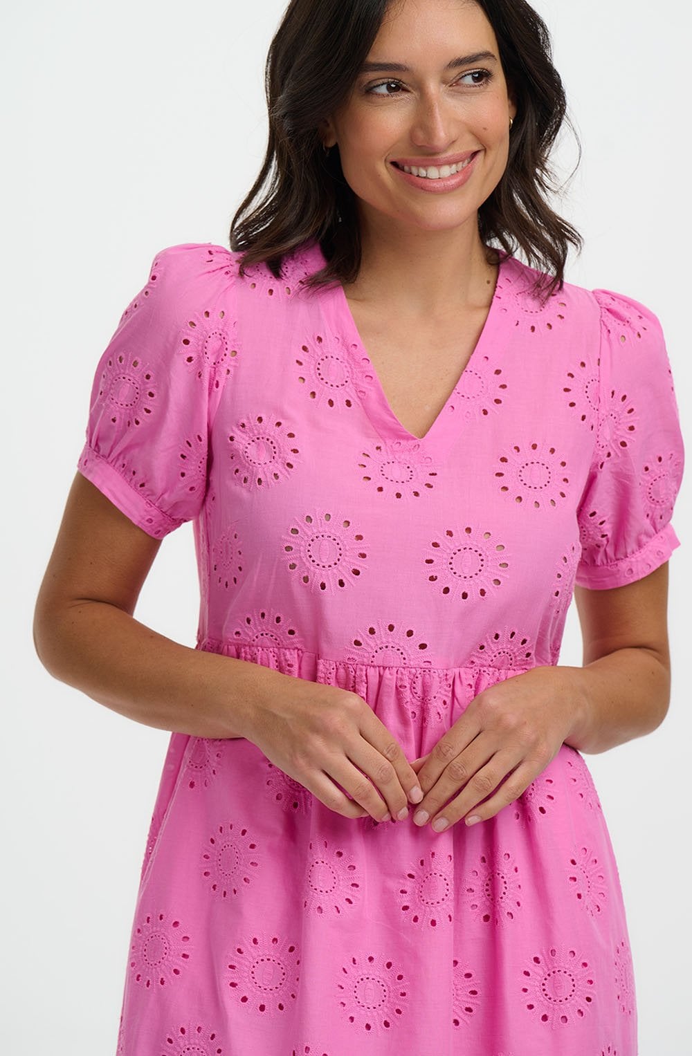Pink Broderie Anglaise Midi Kim Smock Dress