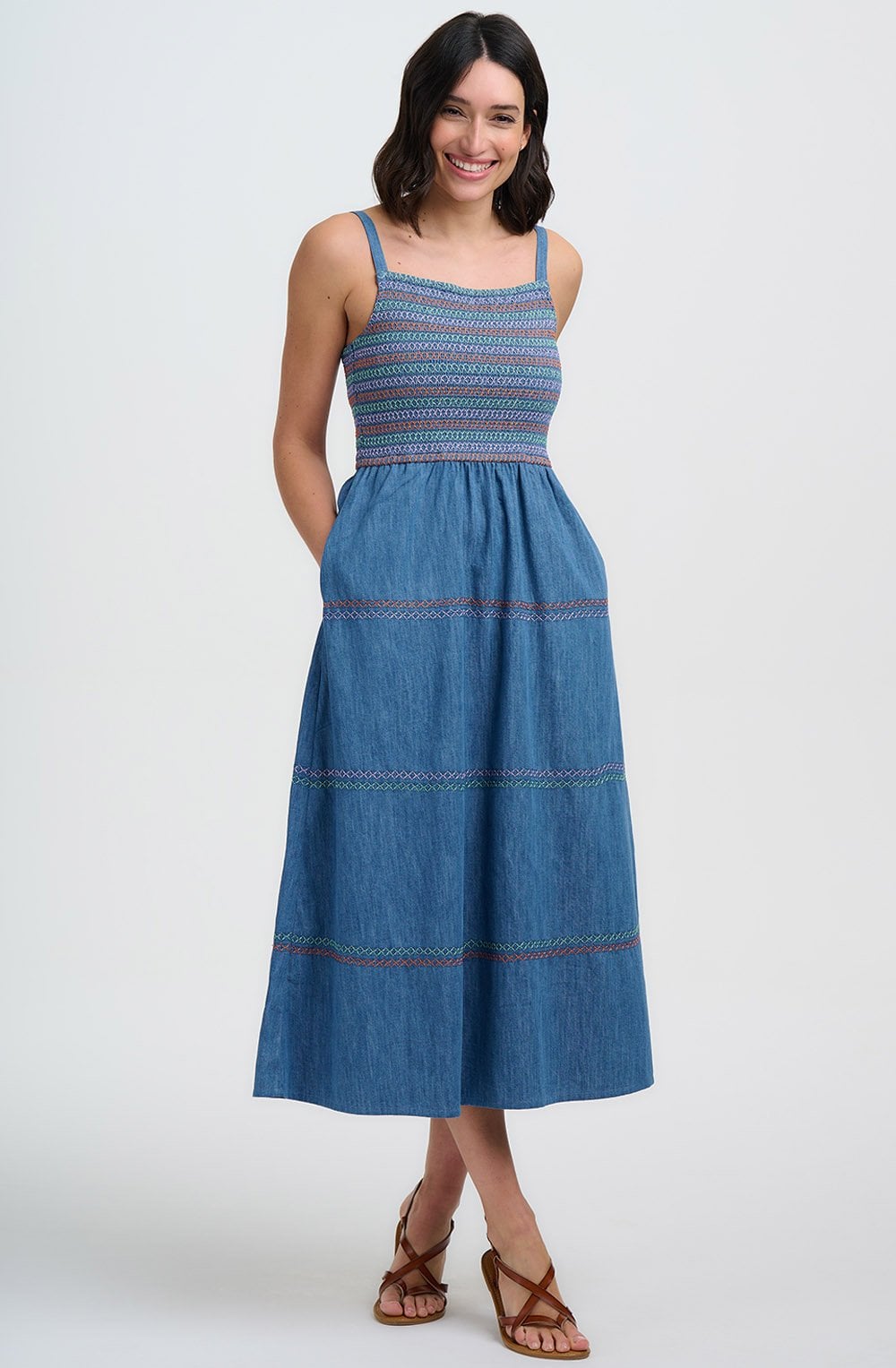 Washed Blue Denim Murren Shirred Midi Dress