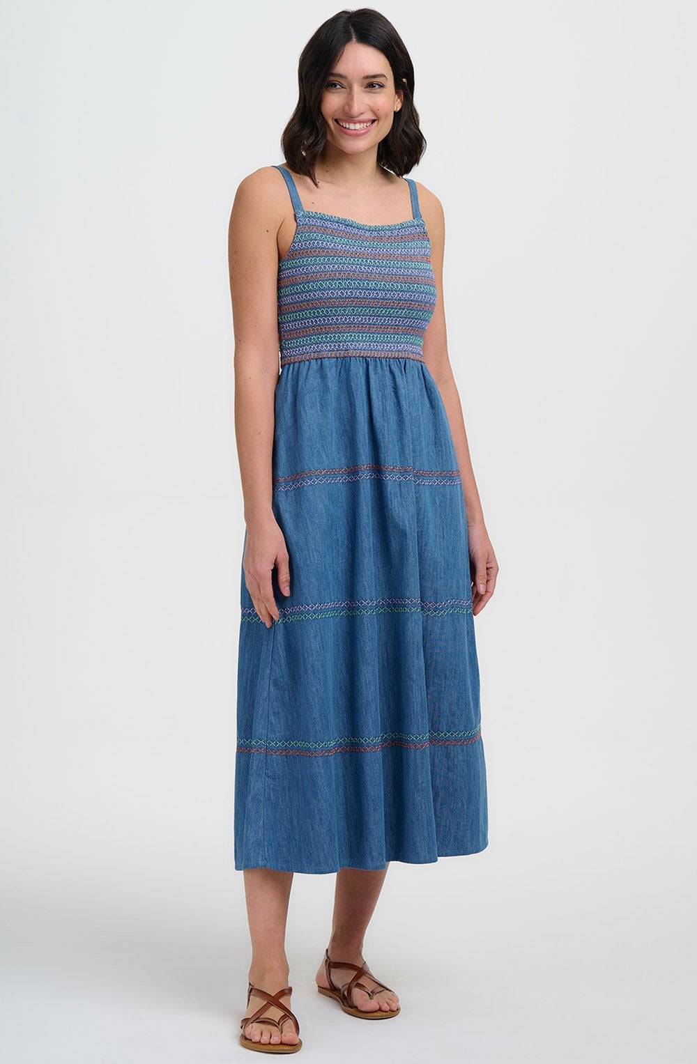 Washed Blue Denim Murren Shirred Midi Dress