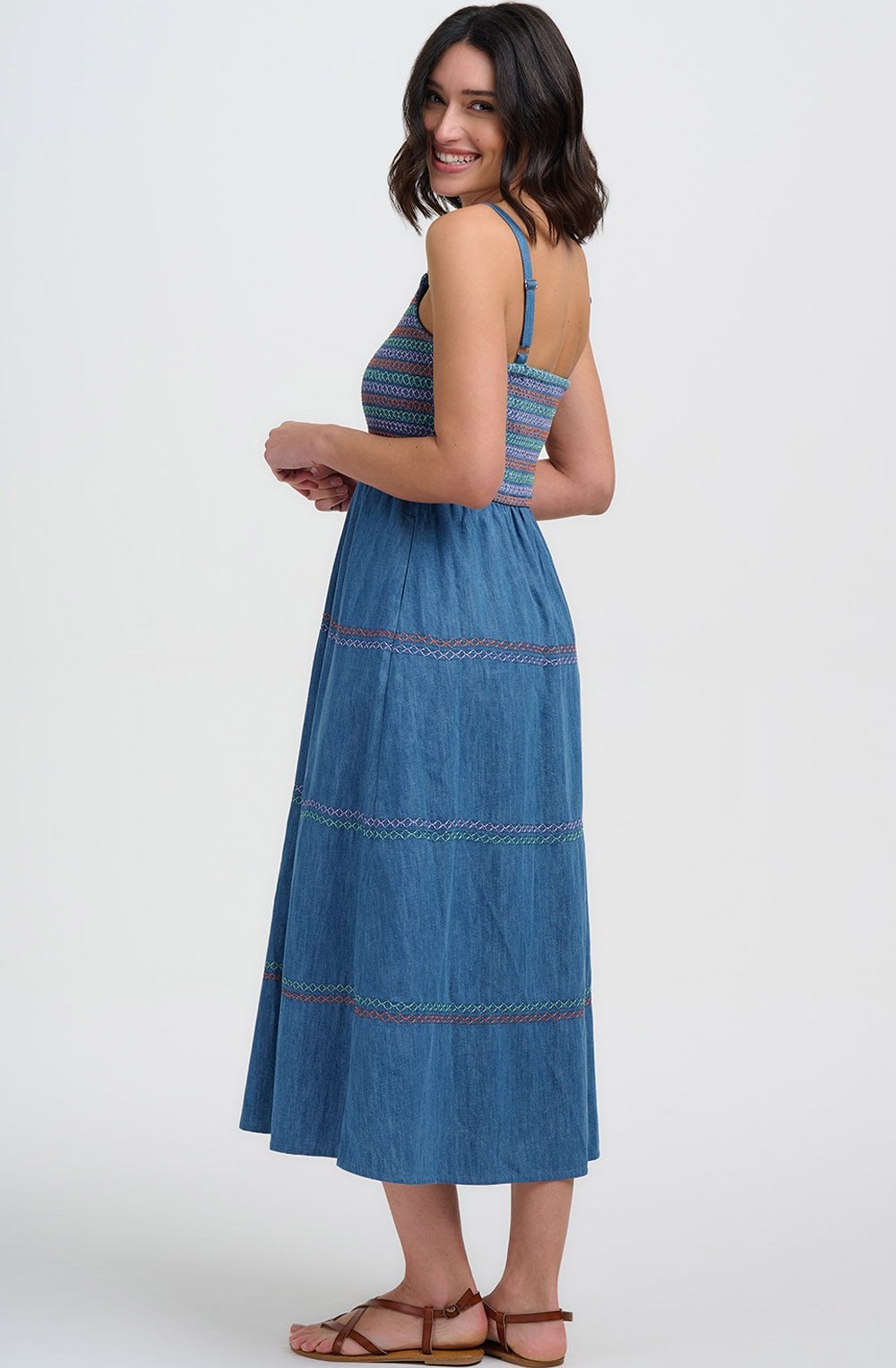 Washed Blue Denim Murren Shirred Midi Dress