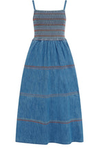 Washed Blue Denim Murren Shirred Midi Dress
