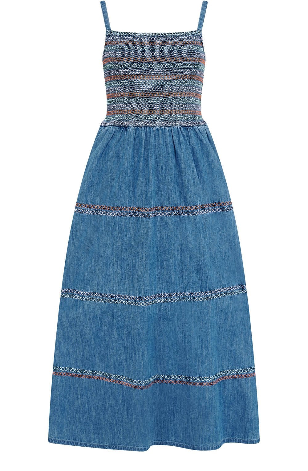 Washed Blue Denim Murren Shirred Midi Dress