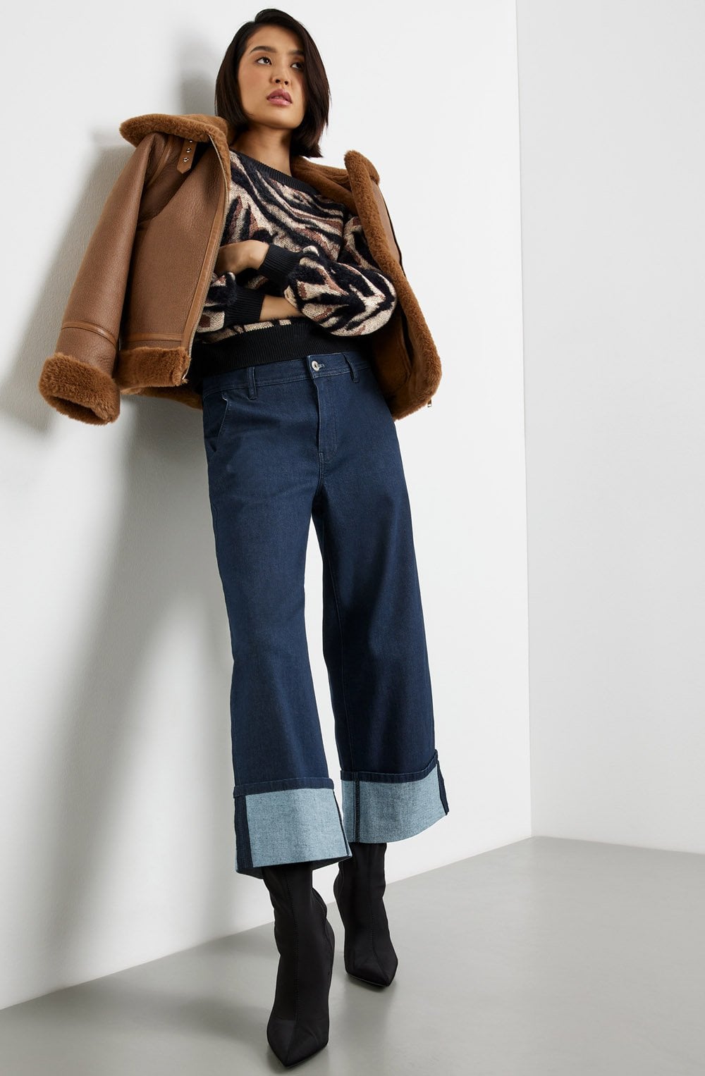Length Denim Culottes with a Wide Leg