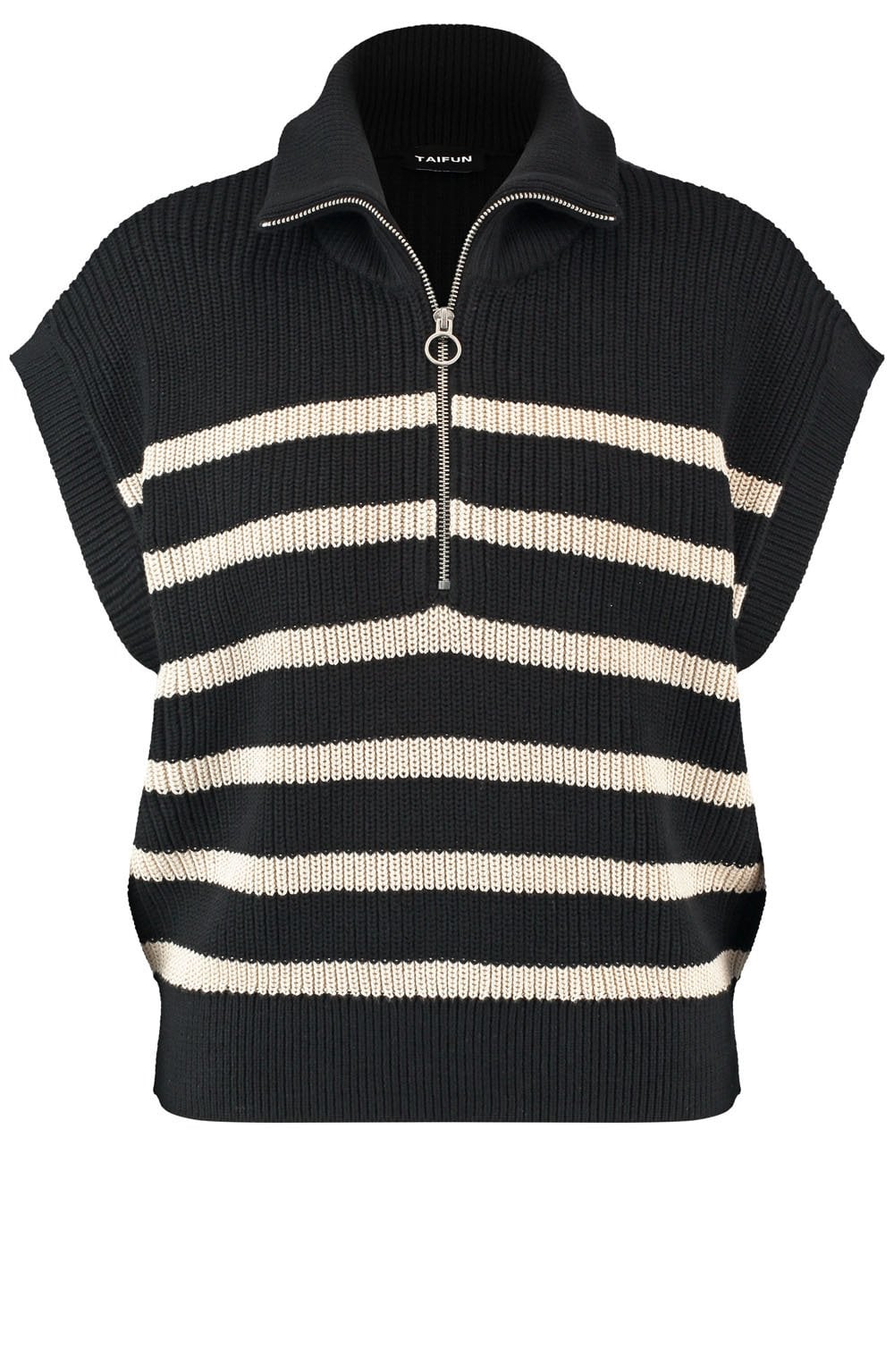 Black and Oatmeal Sleeveless Zip Neck Jumper