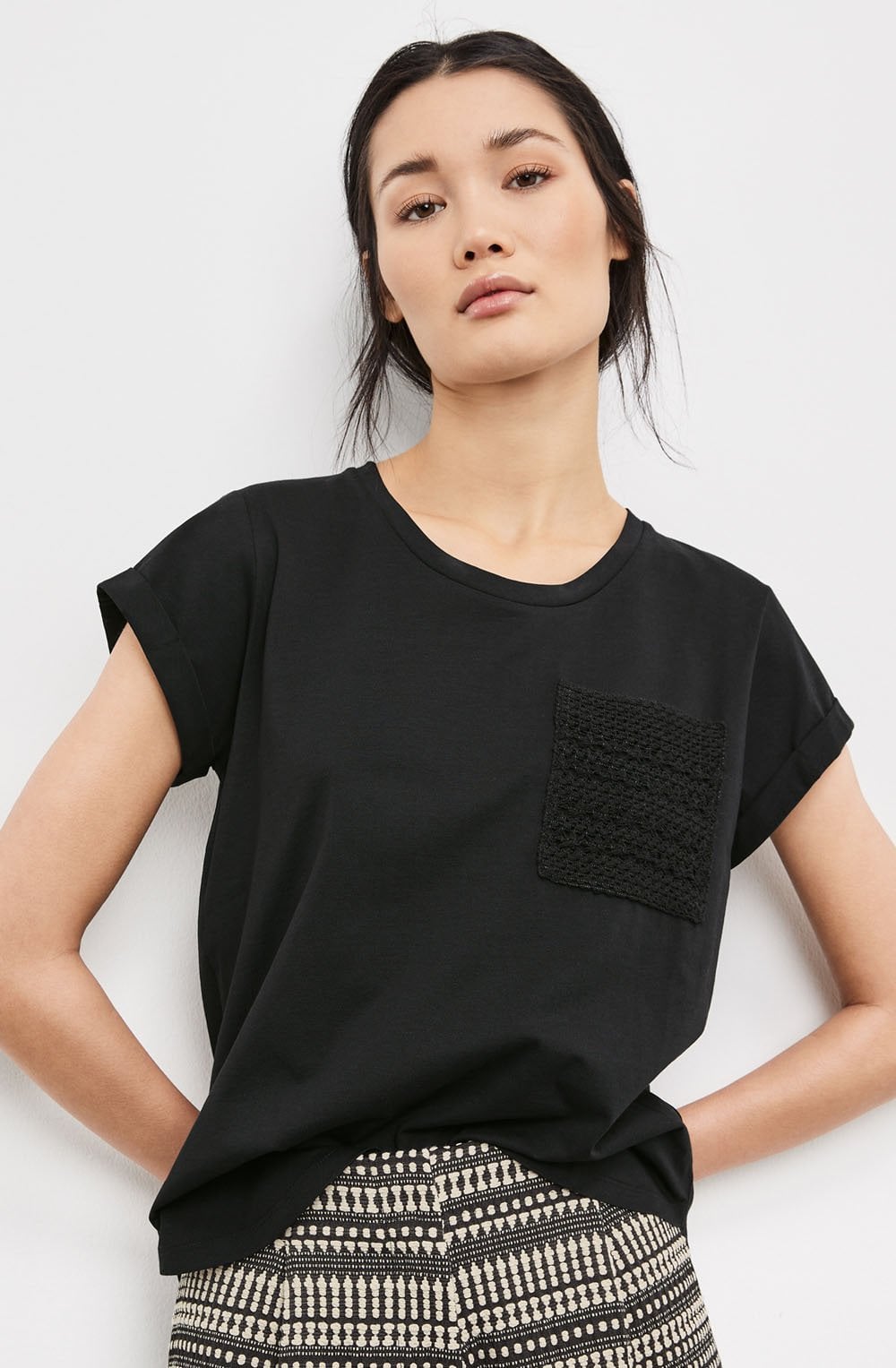 Black Crochet Pocket T Shirt