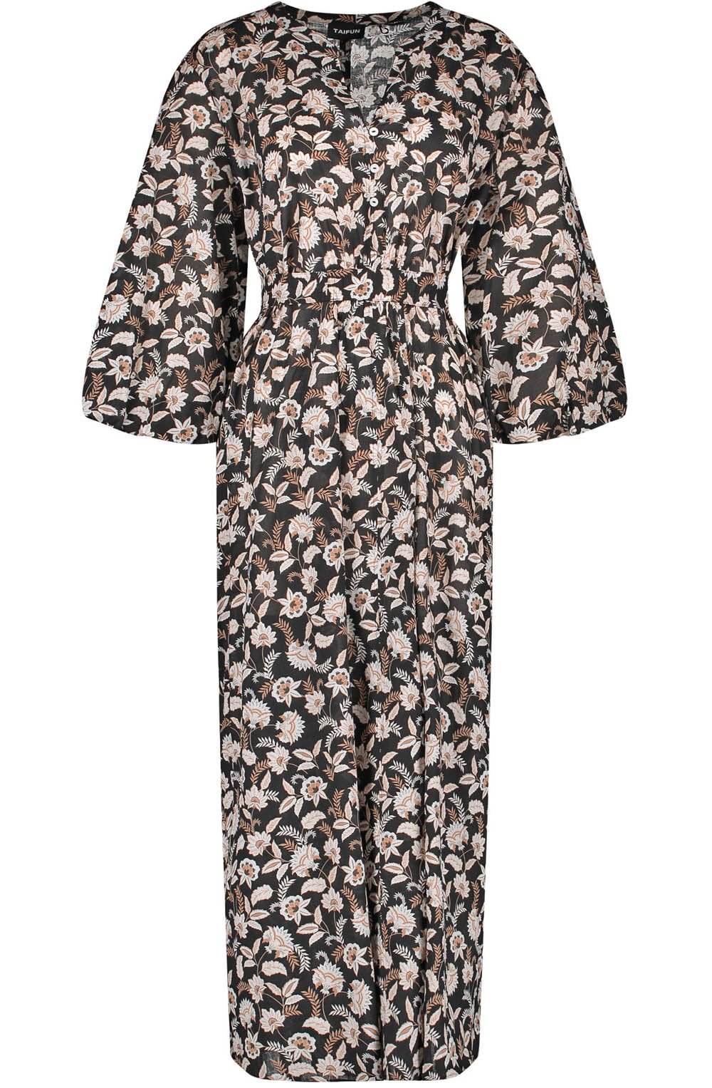 Black Floral Print Balloon Sleeved Midi Dress