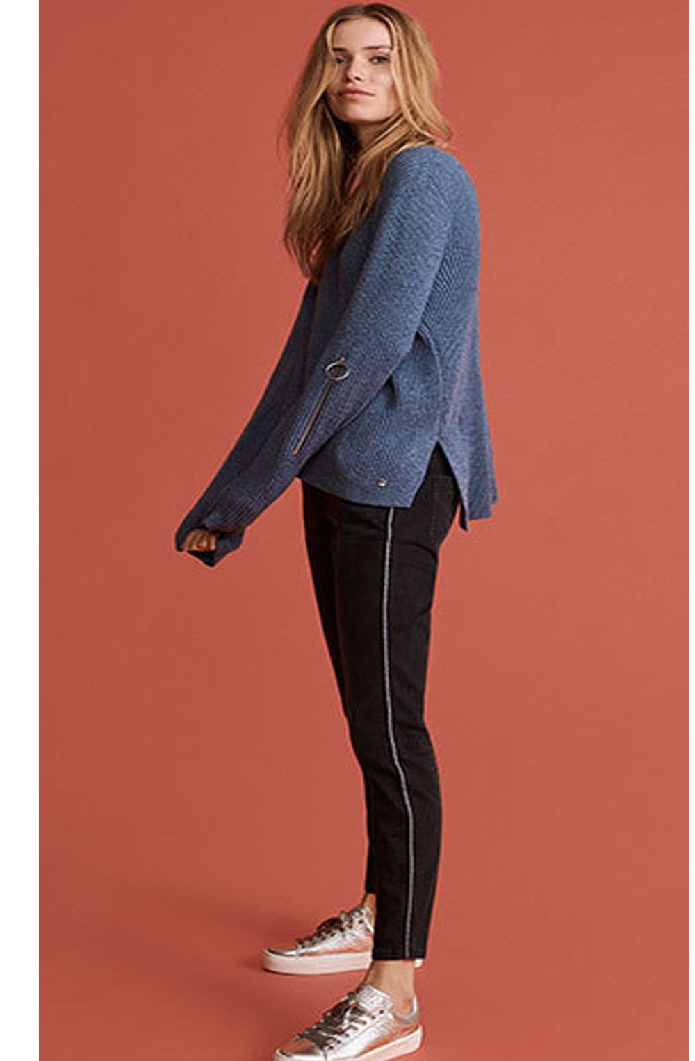 Blue Ribbed Knit Sweater