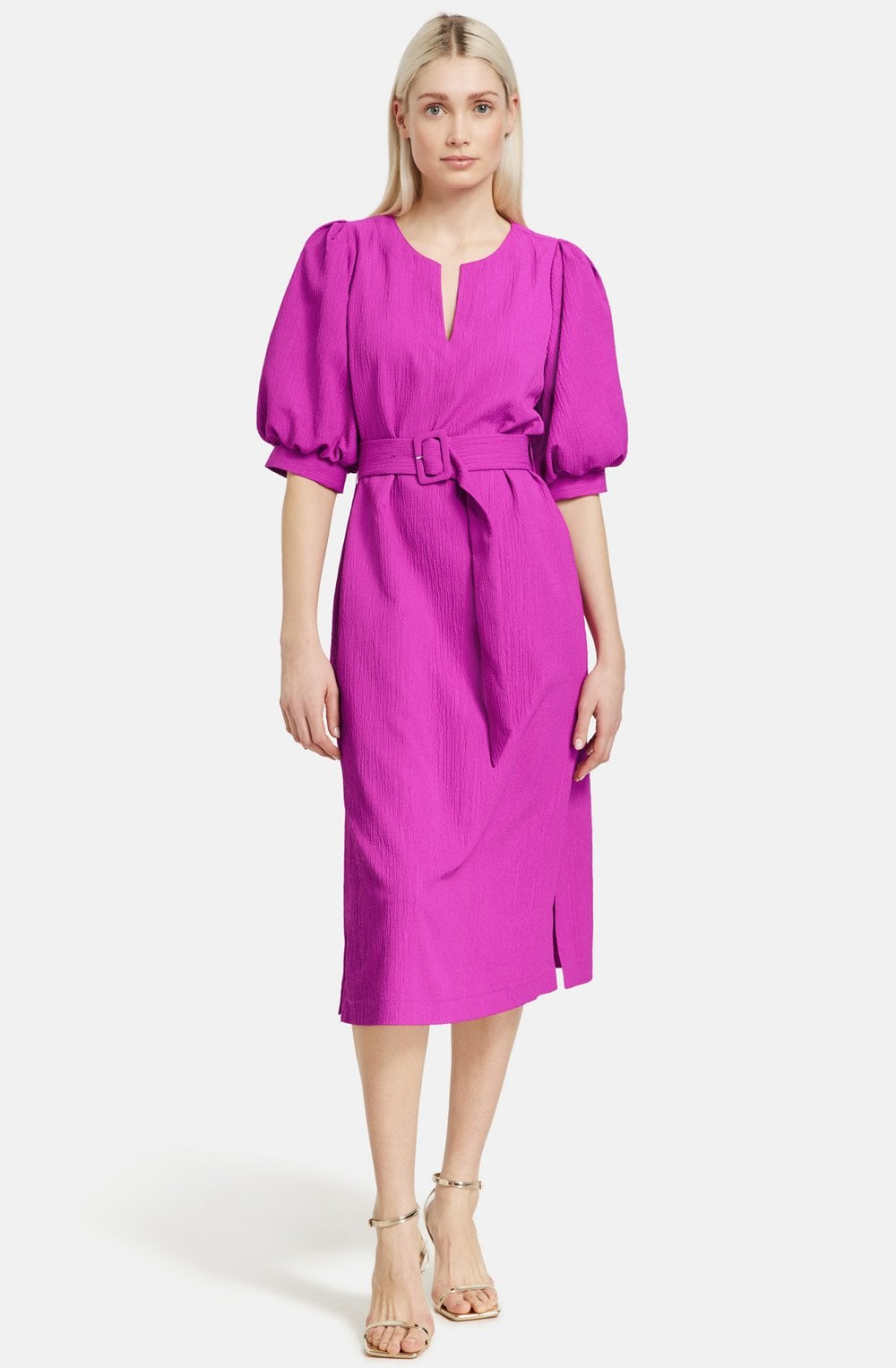 Fuchsia Puff Sleeve Midi Dress