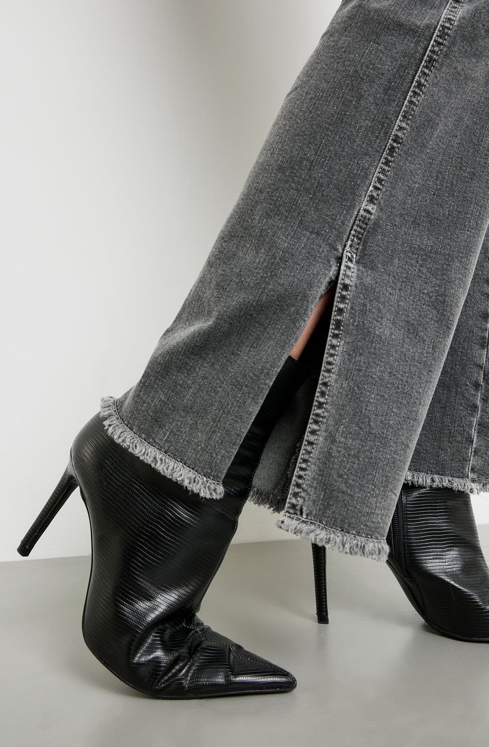Grey Flared Jeans With Hem Slits