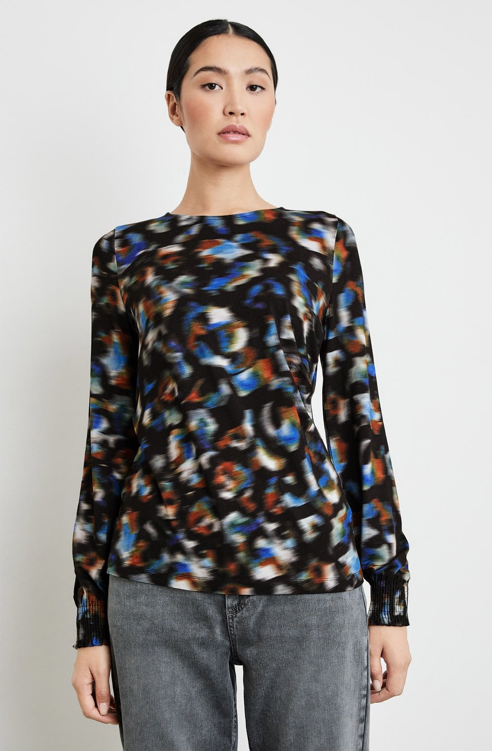 Heather Blue Blurred Top With Smocked Cuffs