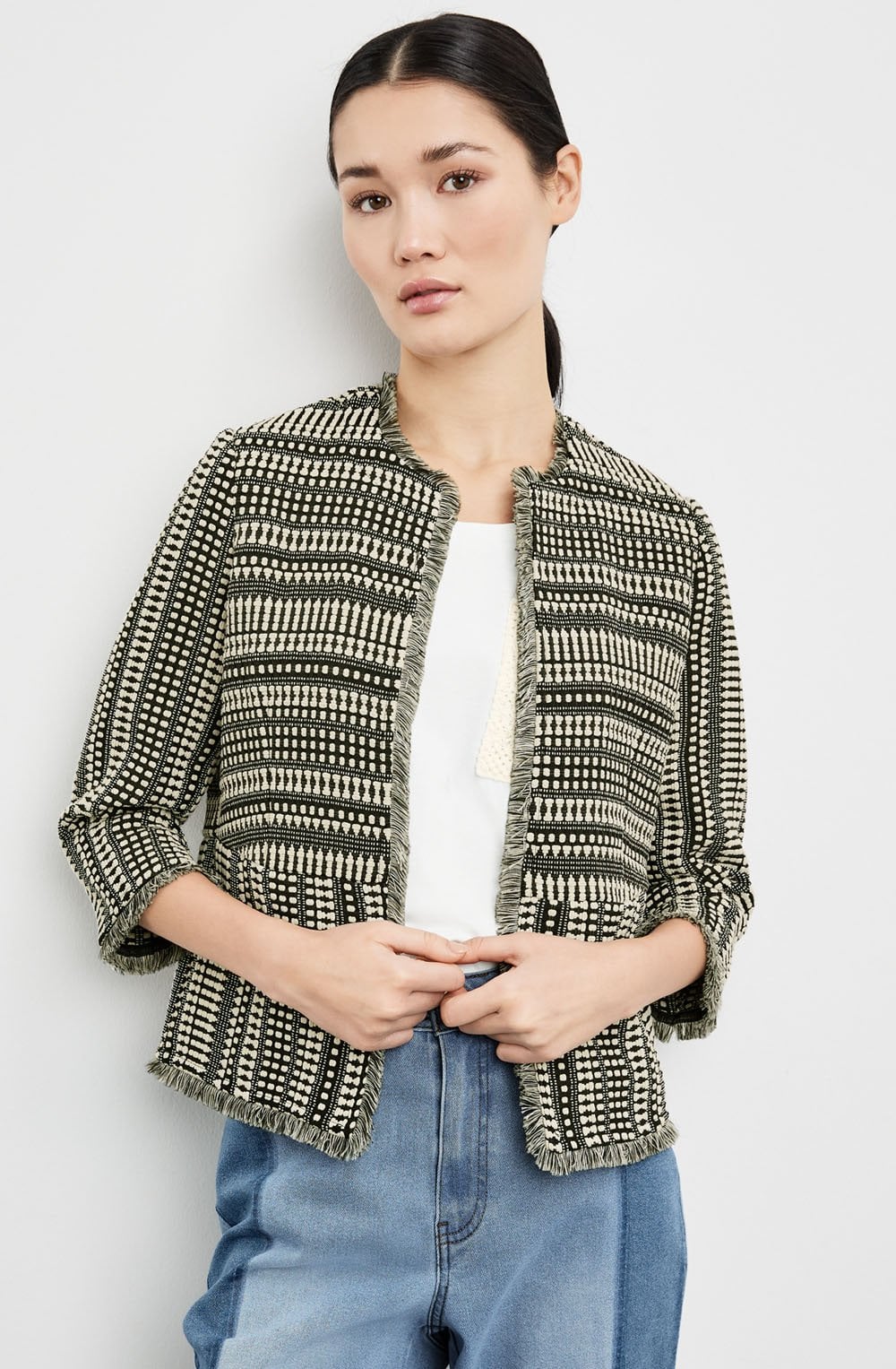 Jacquard Jacket With Fringed Hem