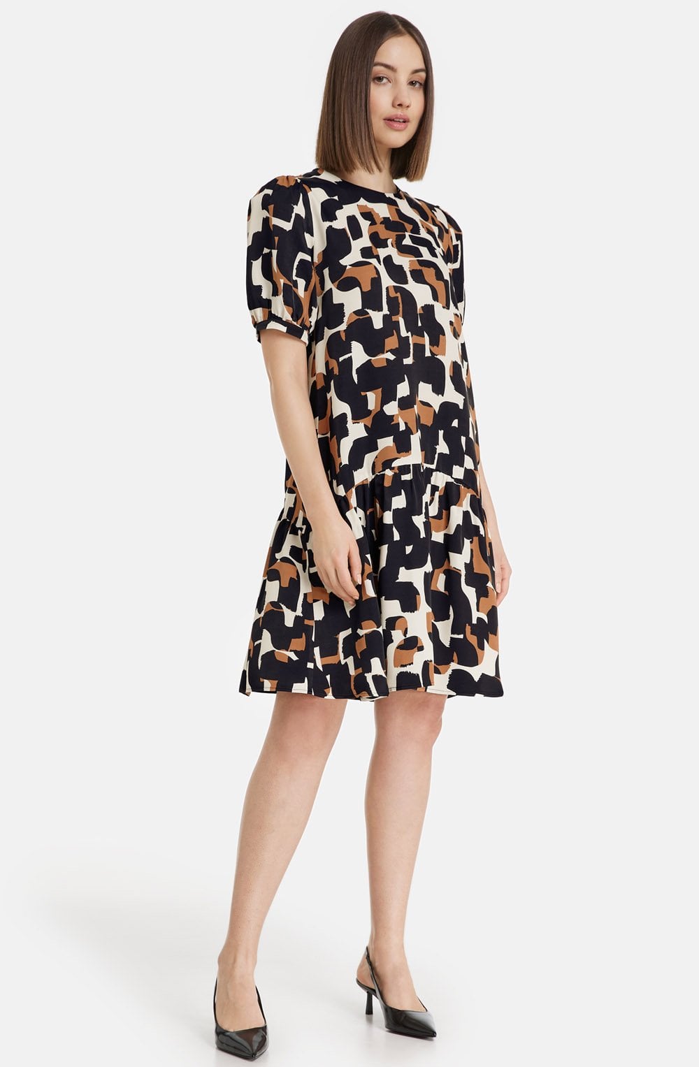 Light Creme and Tan Hem Flounce Dress